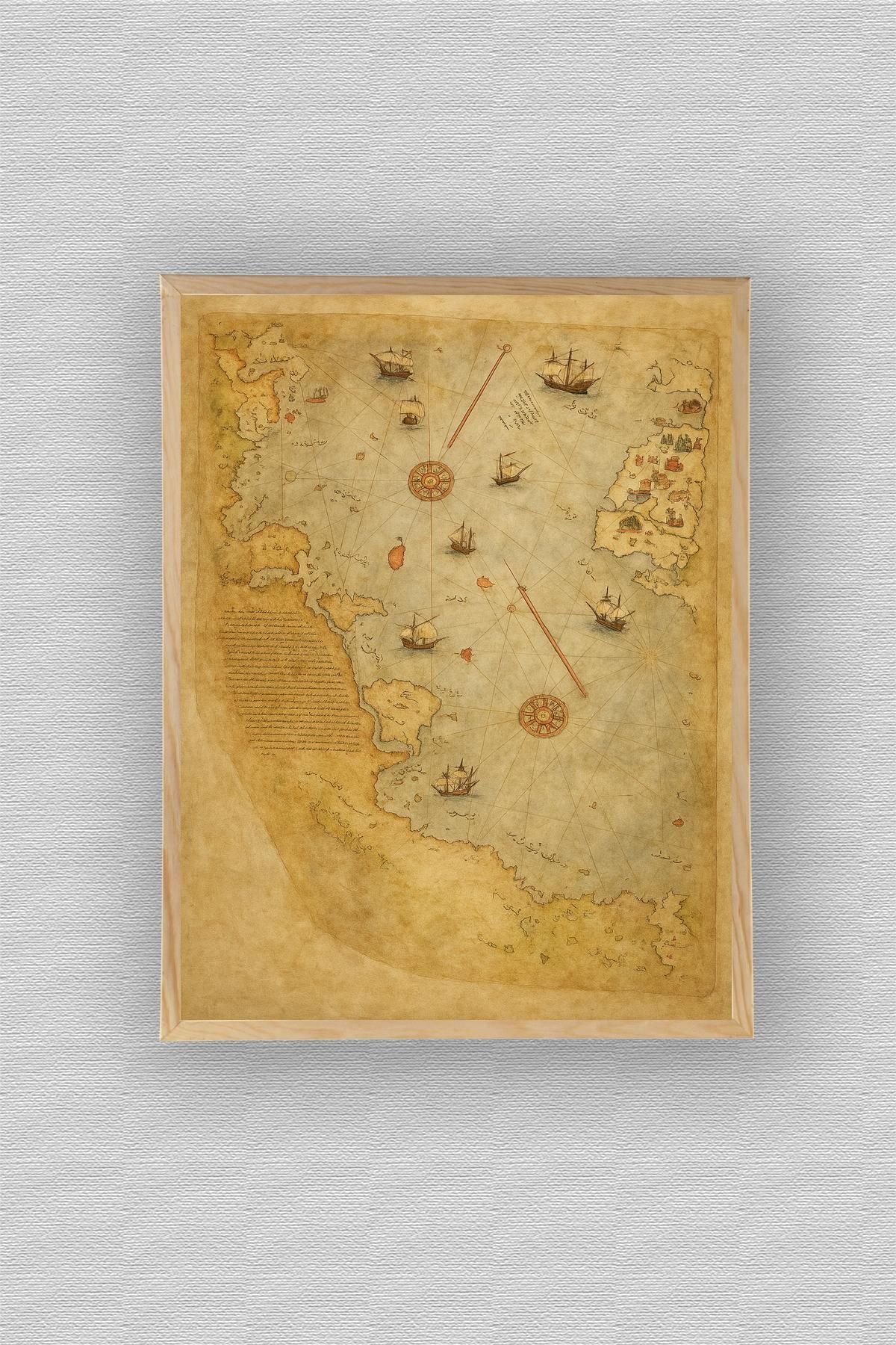 WoodyArts Piri Reis Haritası -Ahşap Desenli Çerçeve