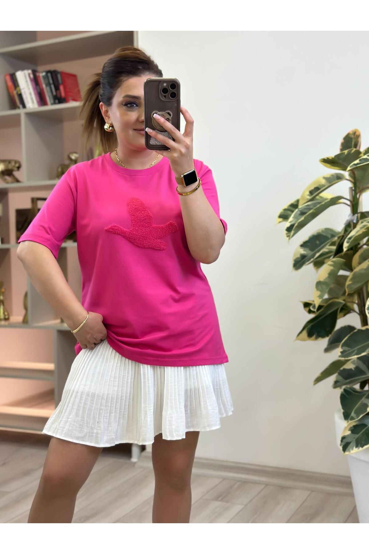 MELTEM TUĞAN Kuş Kabartma Dokulu Tshirt FUŞYA