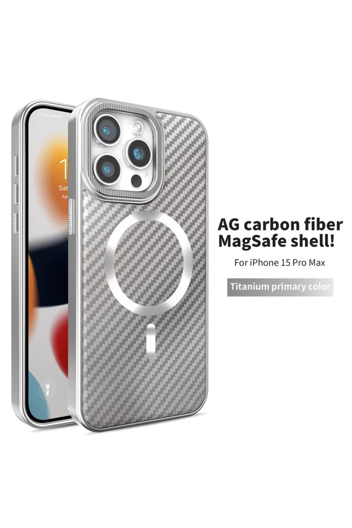 Paladyum Case iPhone 15 Pro Max Uyumlu Titanyum Gri Karbon Fiber MagSafe Özellikli Kılıf