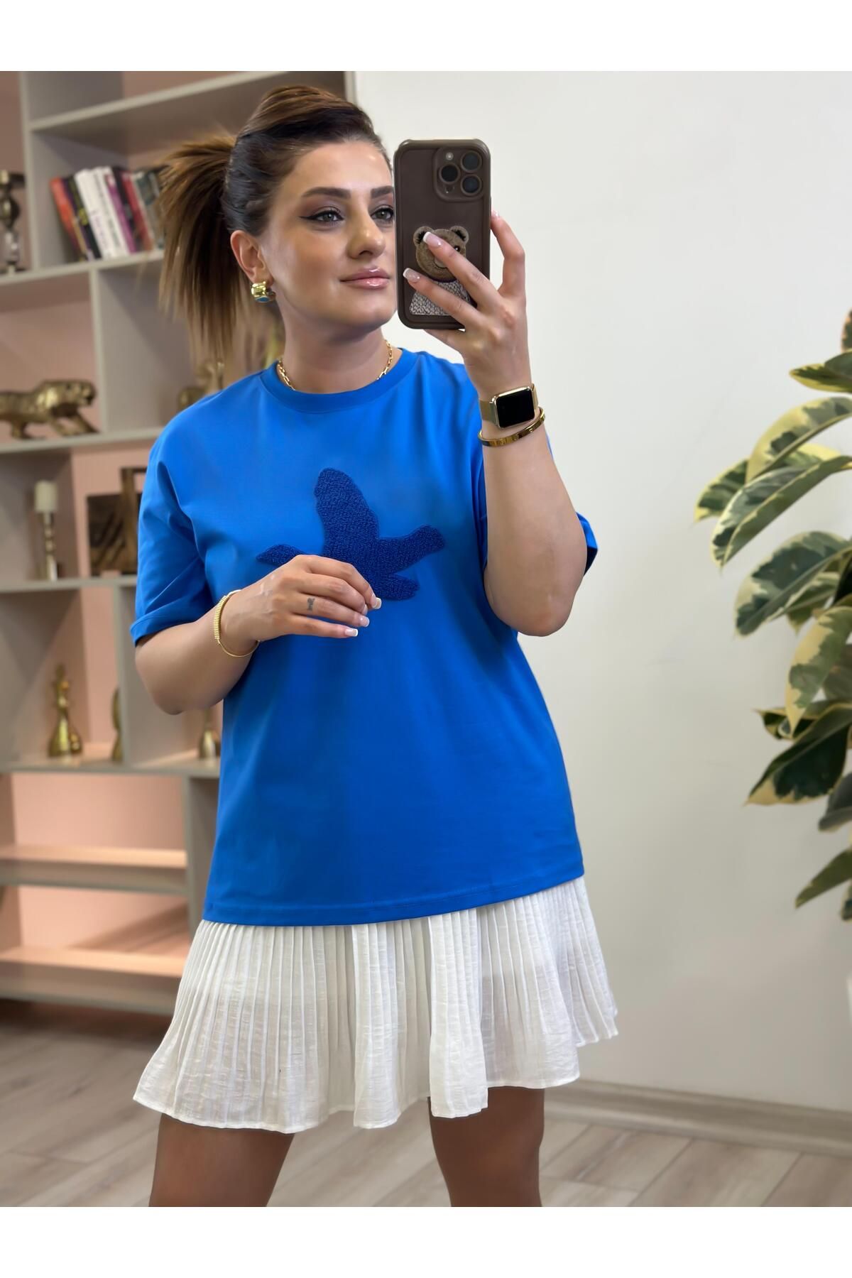 MELTEM TUĞAN Kuş Kabartma Dokulu Tshirt MAVİ