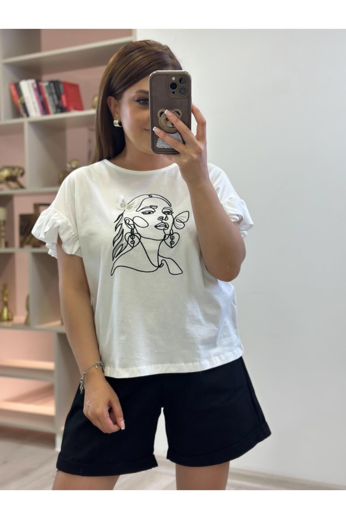 MELTEM TUĞAN Kız Baskılı Kolları Fırfırlı Tshirt EKRU