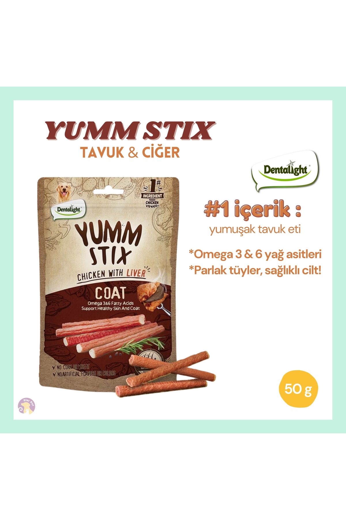 DENTALIGHT Yumm Stix Tüy ve Deri Destekli Tavuk & Ciğer Aromalı Çiğnenebilir Köpek Ödülü 50g