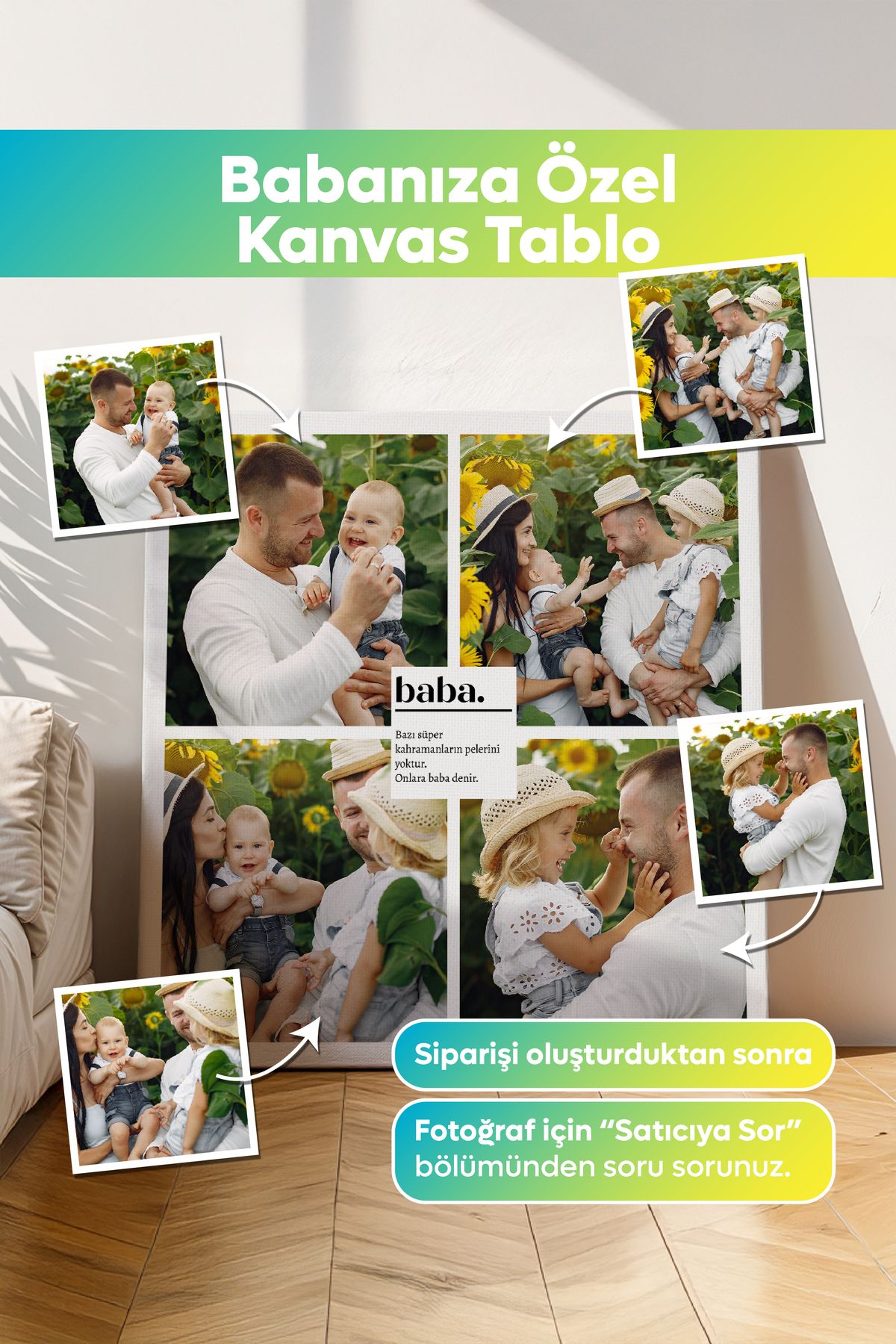 Dekopix KOPYA - Kişiye Özel - Babalar Yazılı 4 Fotoğraflı - Kanvas Tablo