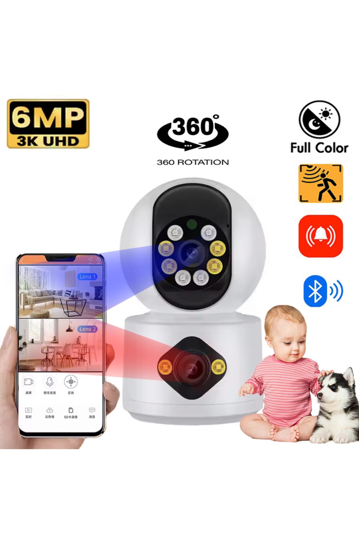 Venas Çift Kameralı gece renkli görüşlü 6 mp Full HD Bebek, Evcil Hayvan, Bakıcı ev güvenlik kamerası
