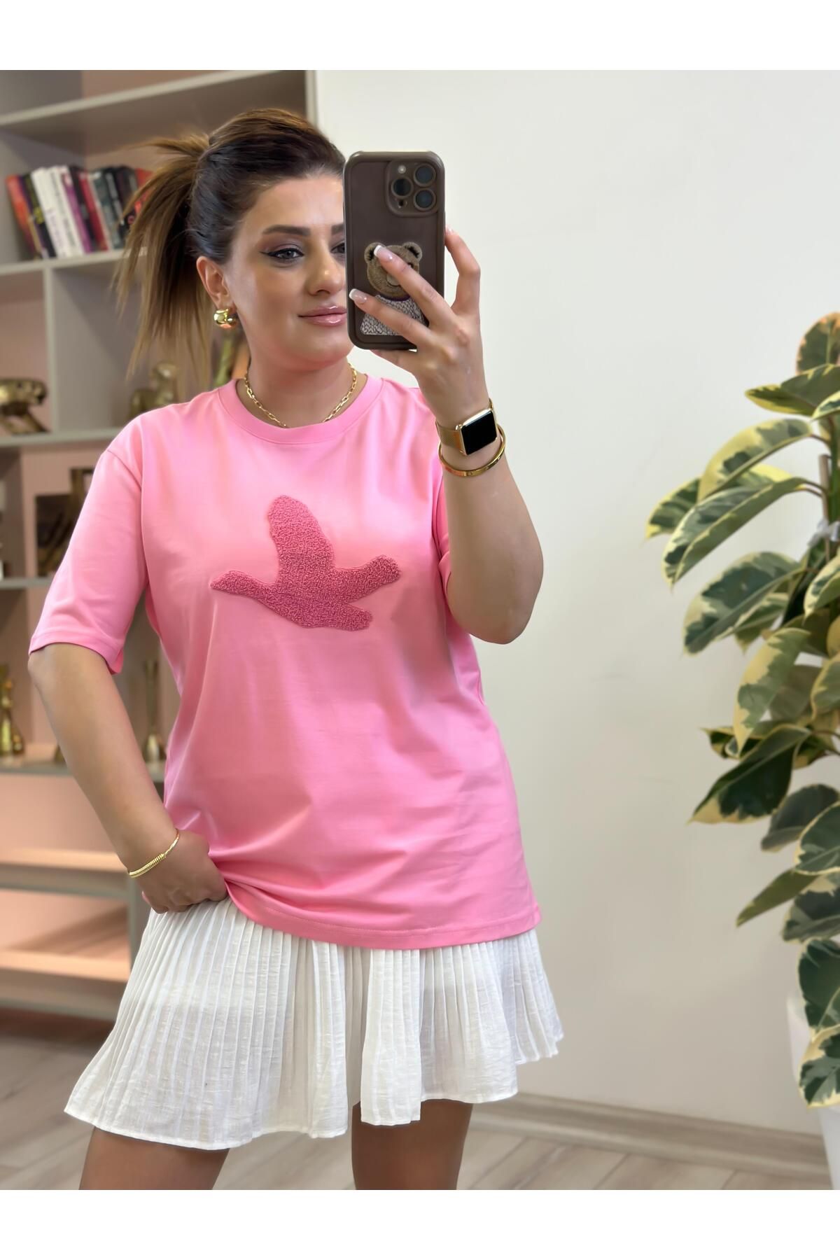 MELTEM TUĞAN Kuş Kabartma Dokulu Tshirt PEMBE