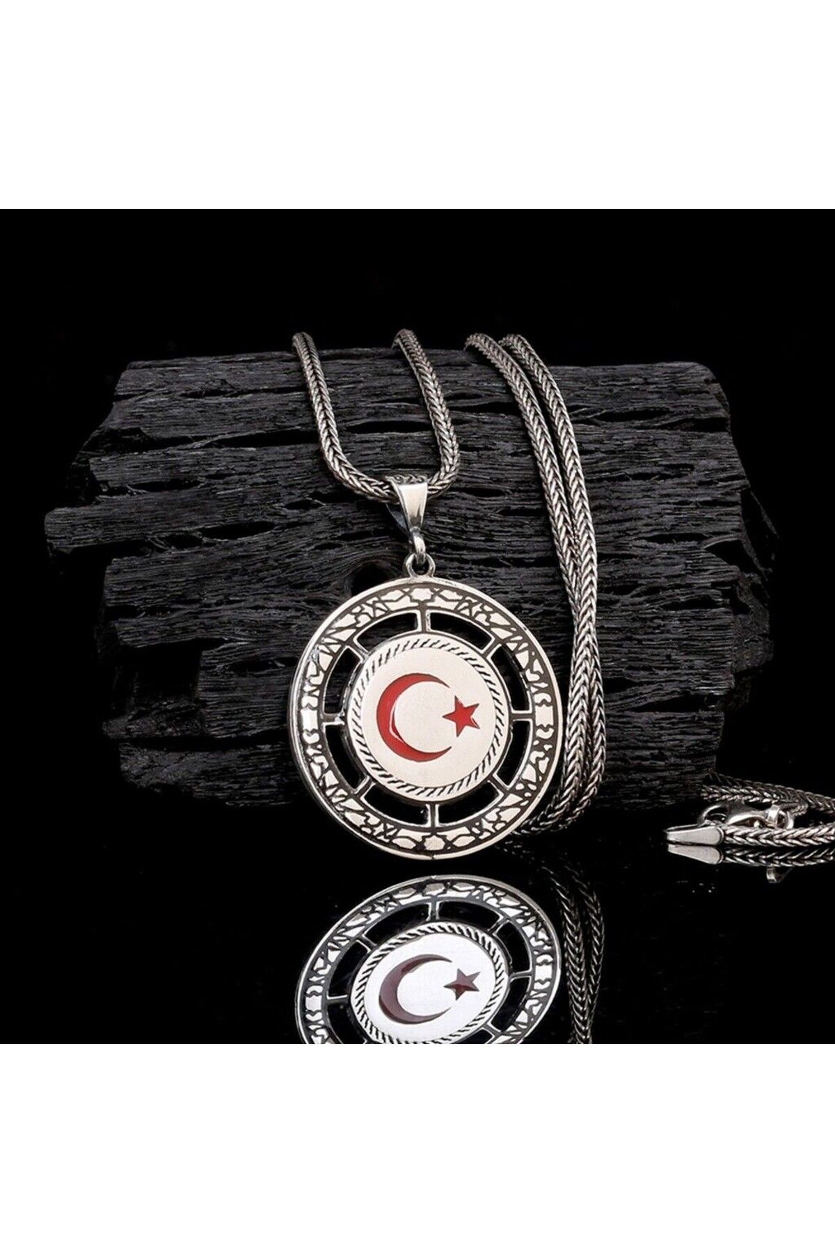 shop Ay Yıldız Mineli Taşlı 925 Ayar Gümüş Erkek Kolye
