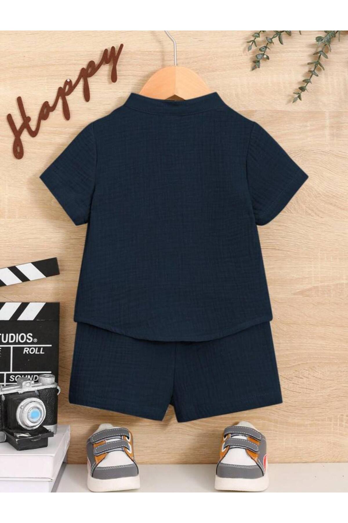 Bubito Müslin Cepli Şık Pamuklu 2'li Yazlık Şort Takım-Lacivert fotoğrafı 2 (önizleme)