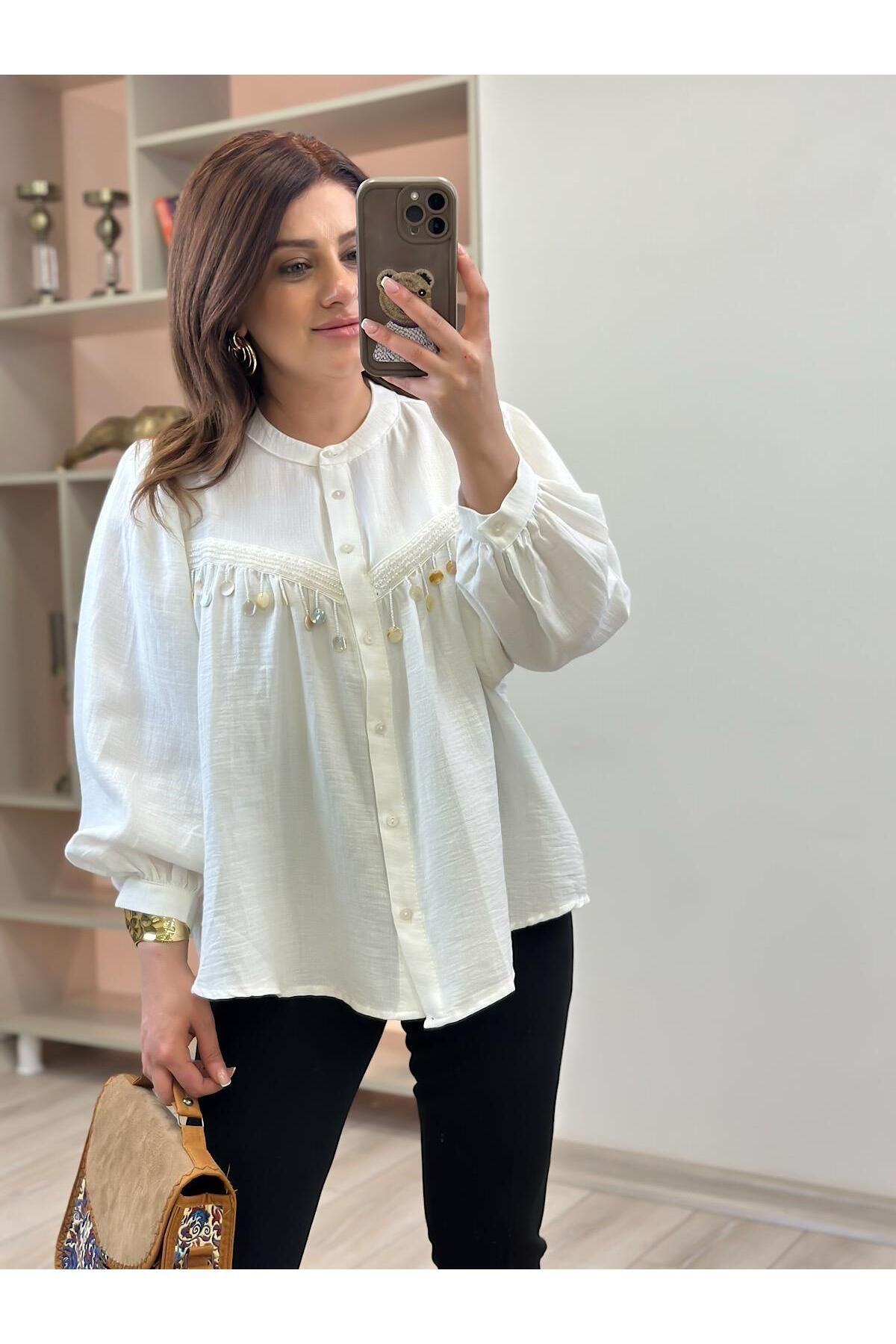 MELTEM TUĞAN Boncuk Detaylı Keten Gömlek BEYAZ