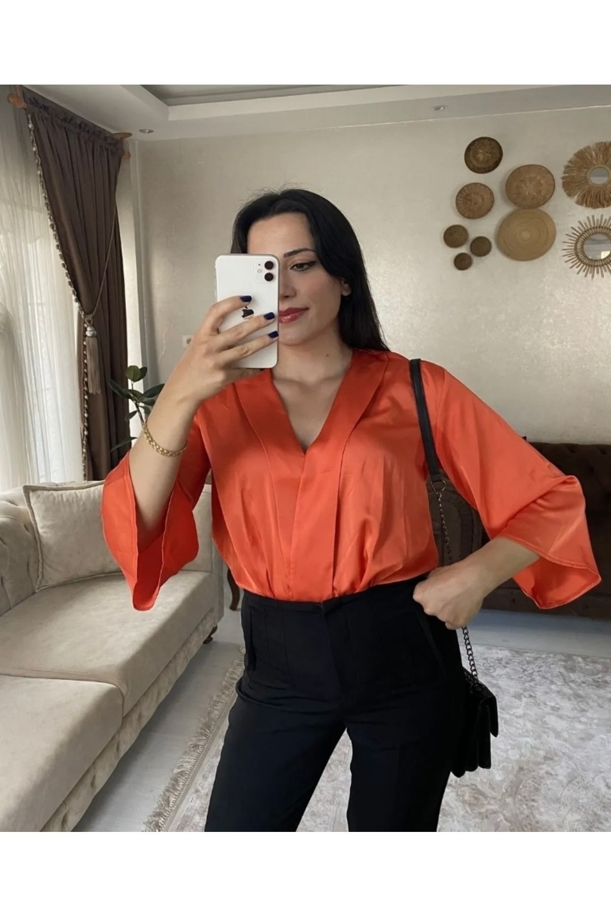 Edanın Butiği Saten Turuncu Kolları Volanlı Bluz