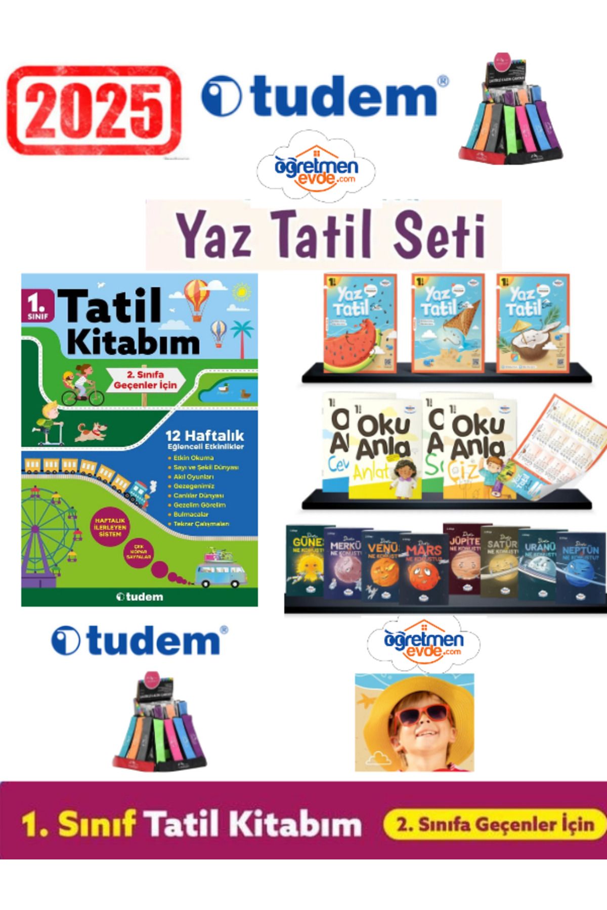 Fenomen Yayıncılık Tudem 2025 1.Sınıf 12 Haf. Tatil Kitabı+Öğretmen Evde 1.Sınıf Yaz Tatil Kitabı Seti(Yeni)+Kalemlik