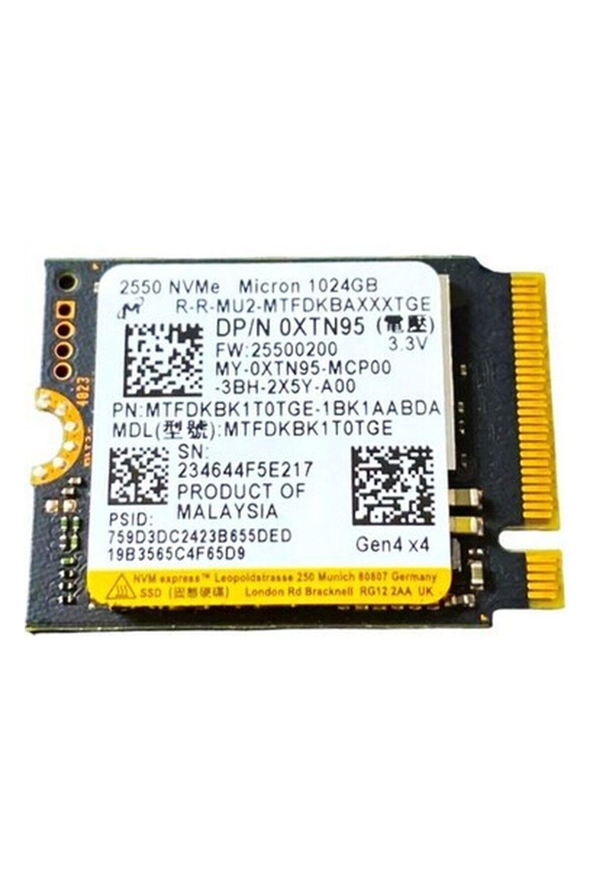 Micron Mıcron TFDKBK1T0TGE 1024GB 2550 Nvme GEN4X4 3.3V Ssdı
