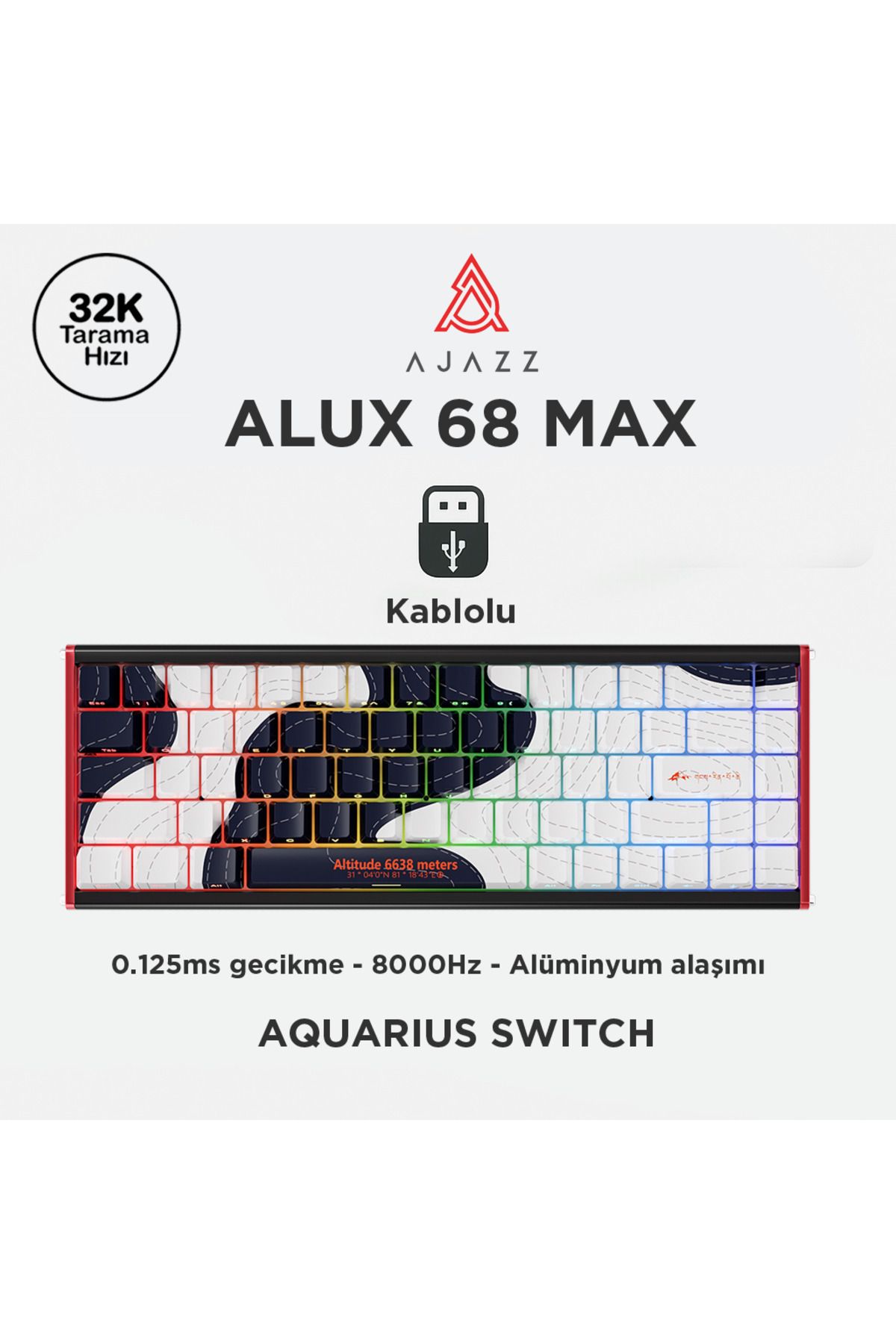 Ajazz Alux 68 Max HE- Kablolu Manyetik Switch Klavye- 8.00” Hz Alüminyum Gövde ARGB