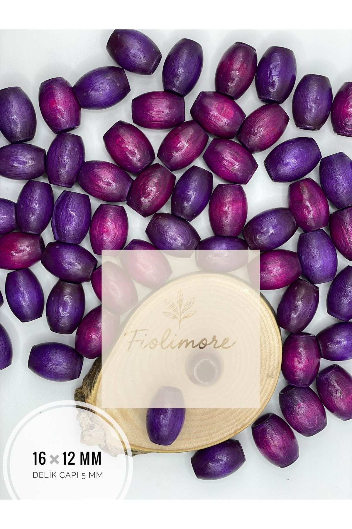 Fiolimore Oval Ahşap Renkli Mor Rengi Boncuk 16x12 mm (50 Gram 75 Adet) Delik Çapı 5 mm Badem Tahta Boncuk