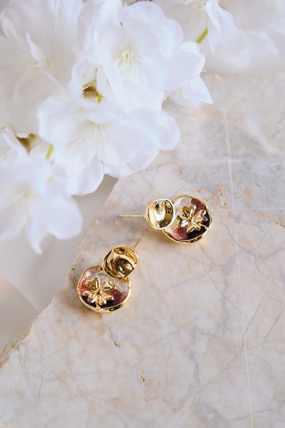 AURRARİ Sallantılı Viola Gold Mor Pembe Beyaz Sedefli Damla Küpe