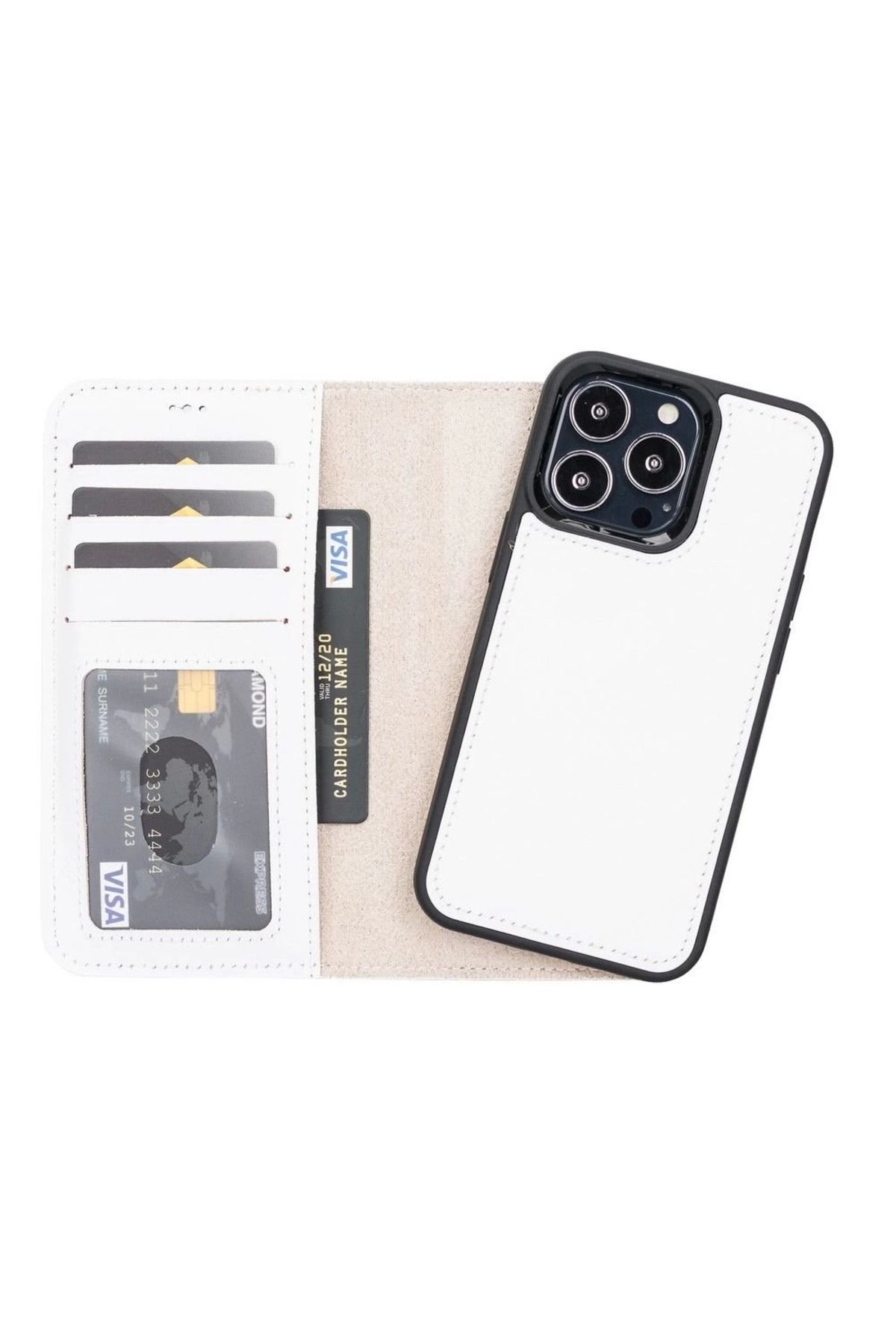 Emperium Apple iPhone 13 Pro Uyumlu Deri Cüzdanlı Kılıf F3 Beyaz