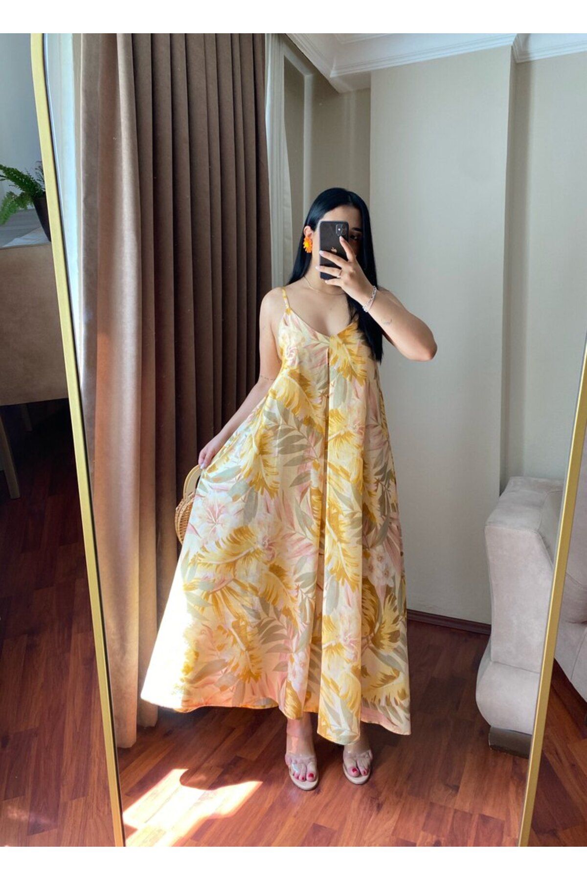 MODA Kadın Çiçek Desenli İnce Askılı Sarı Uzun Elbise