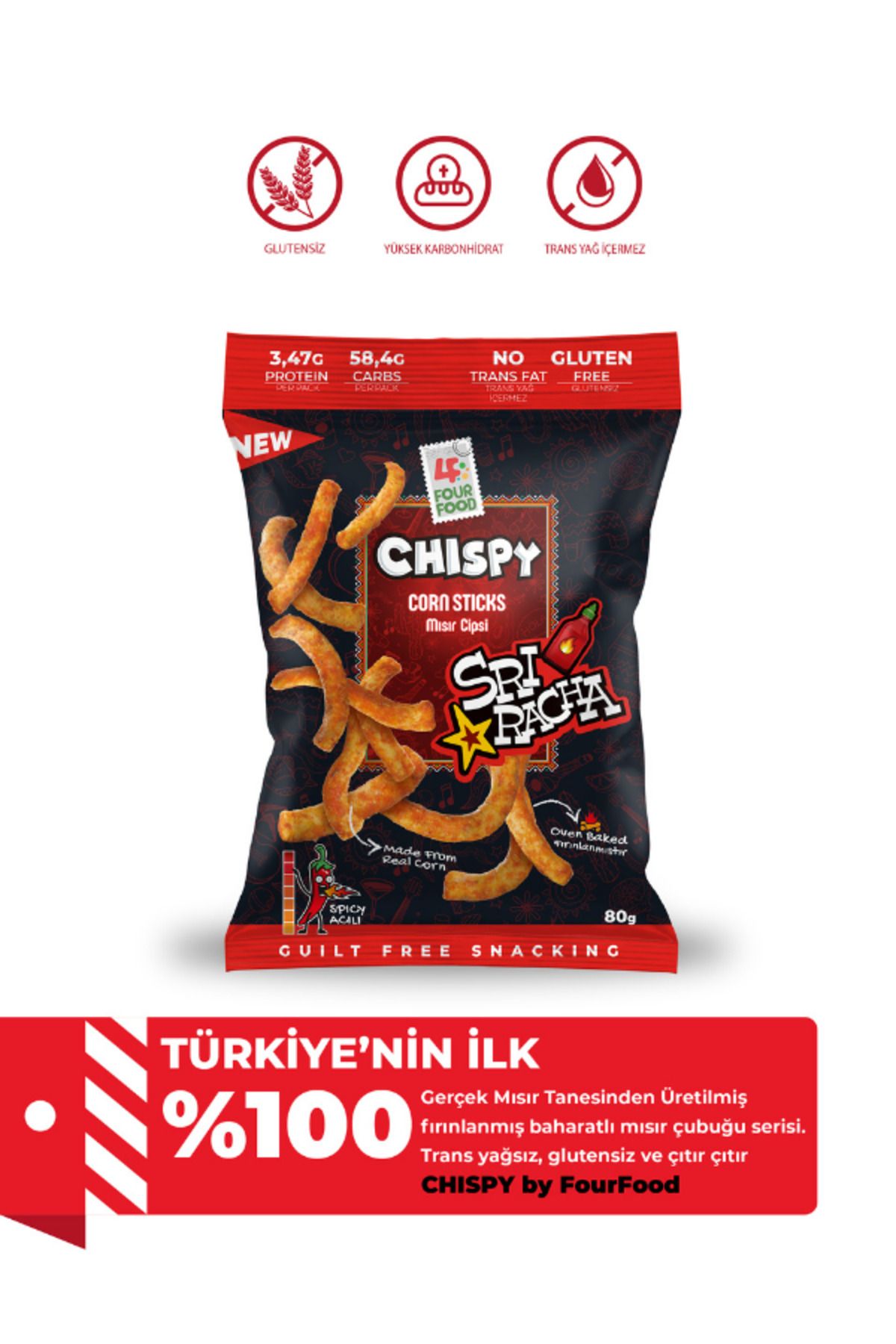 CHİSPY Sriracha Çeşnili Mısır Cipsi 80g Gerçek Mısırdan Fırınlanmış Atıştırmalık