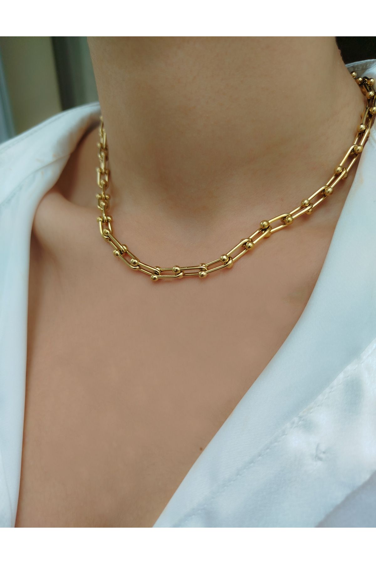 Nova Riva Gold Renkli Kalın Zincir Detaylı Paslanmaz Çelik Kadın Kolye