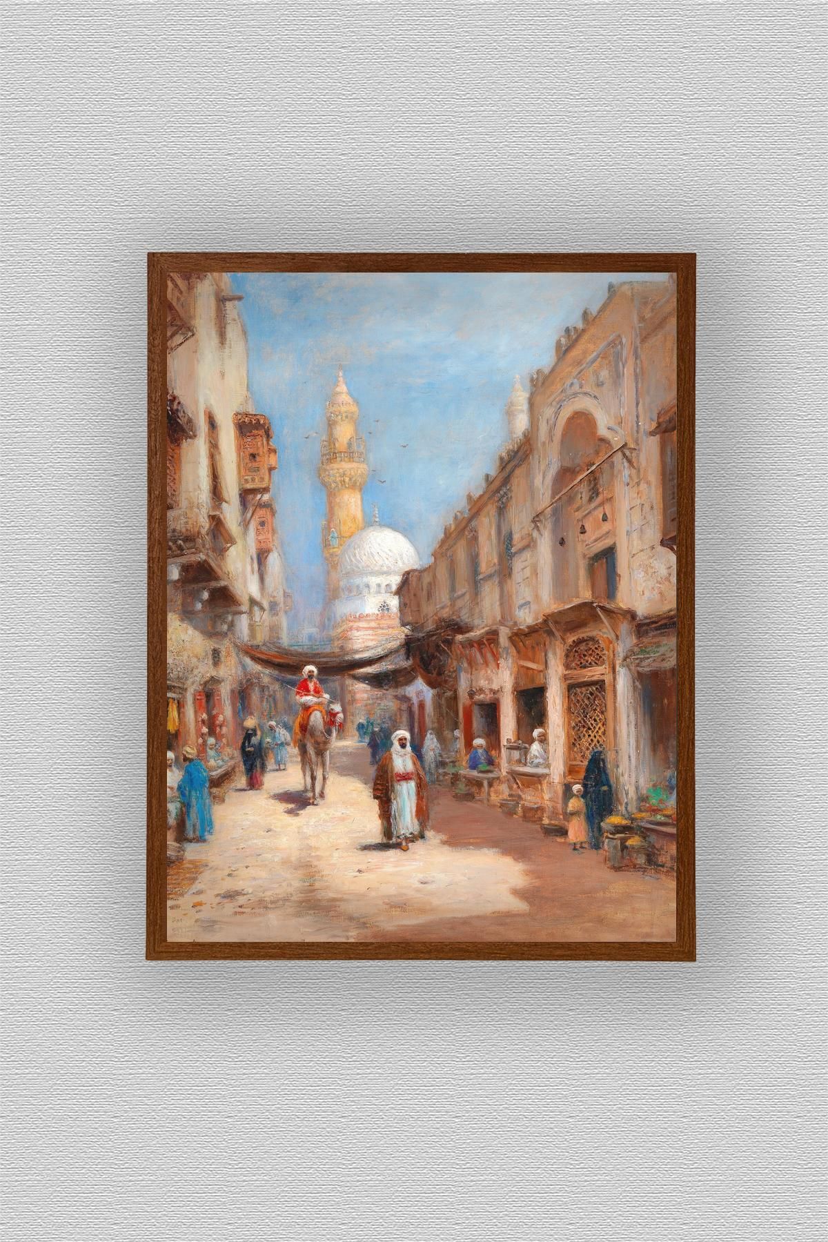 WoodyArts İnsanlar ve Cami - Koyu Ahşap Desenli Çerçeve