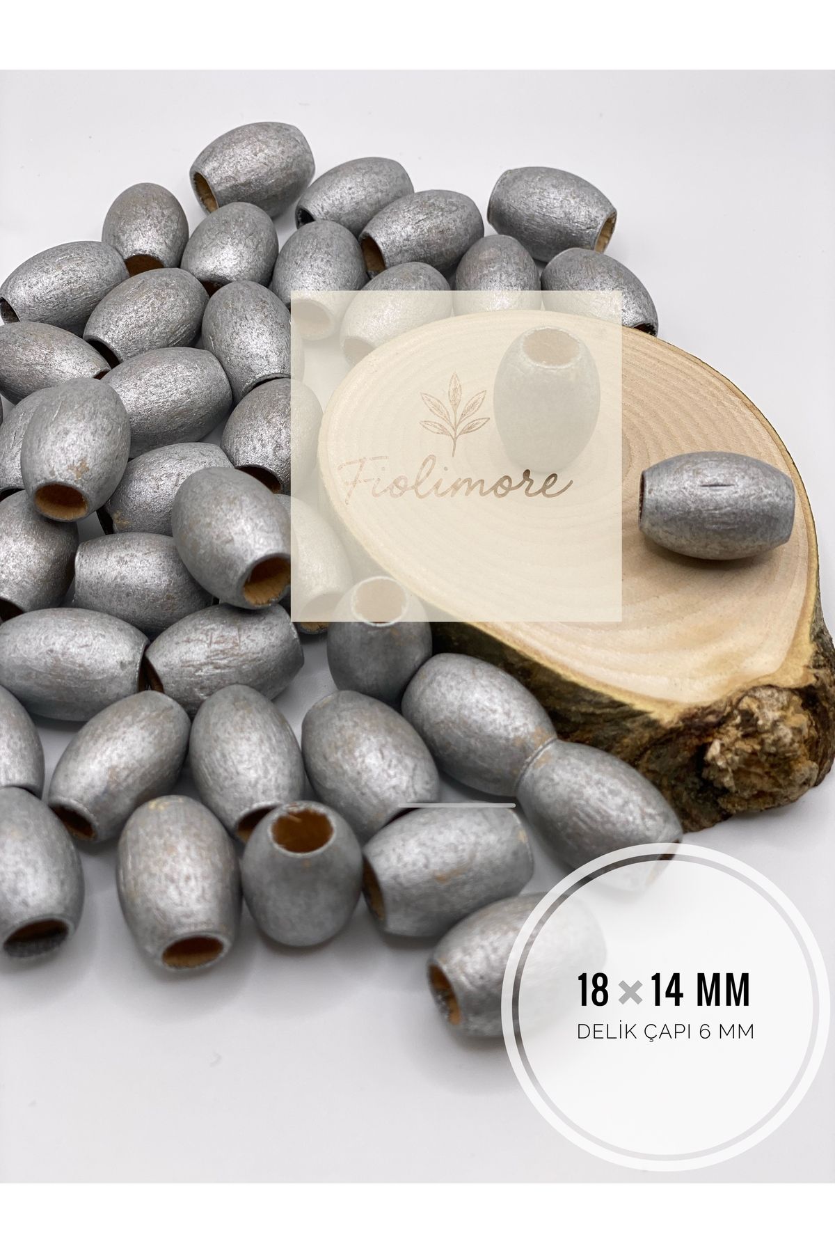 Fiolimore Oval Ahşap Renkli Gri Rengi Boncuk 18x14 mm (50 Gram 40 Adet) Delik Çapı 6 mm Badem Tahta Boncuk