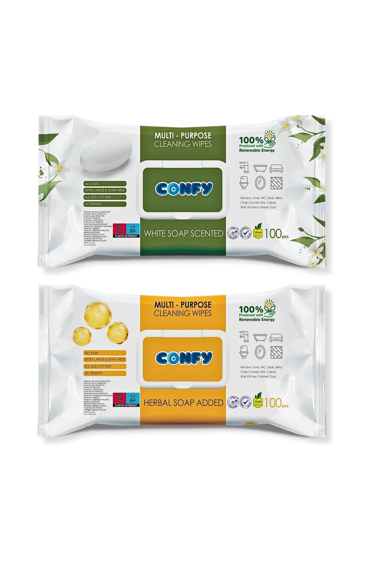 Confy Yüzey Temizlik Havlusu 2’li Set – Beyaz Sabun & Arap Sabunu Kokulu, 200 Yaprak