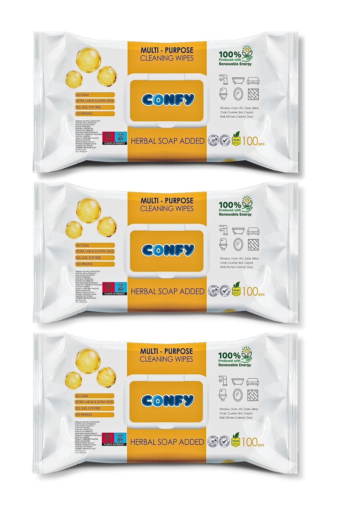 Confy Yüzey Temizlik Havlusu ve Mendili – Arap Sabunu Kokulu (3 Paket x 100 Yaprak)