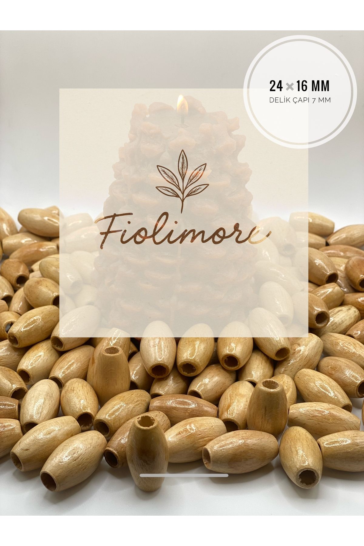 Fiolimore Oval Ahşap Vernikli Boncuk 24x16 mm (50 Gram 27 Adet) Delik Çapı 7 mm Badem Tahta Boncuk