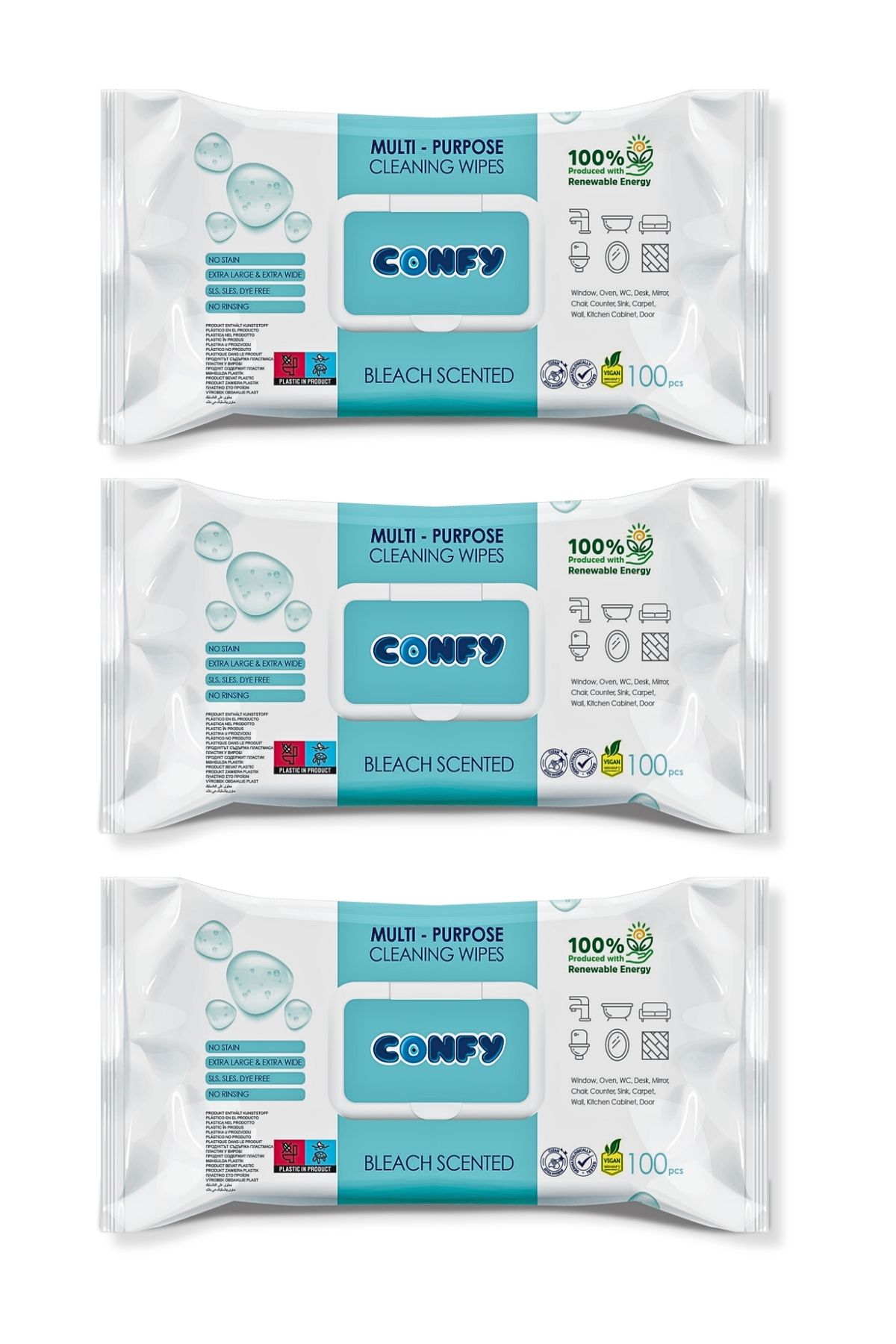 Confy Yüzey Temizlik Havlusu ve Mendili – Çamaşır Suyu Ferahlığı (3 Paket x 100 Yaprak)