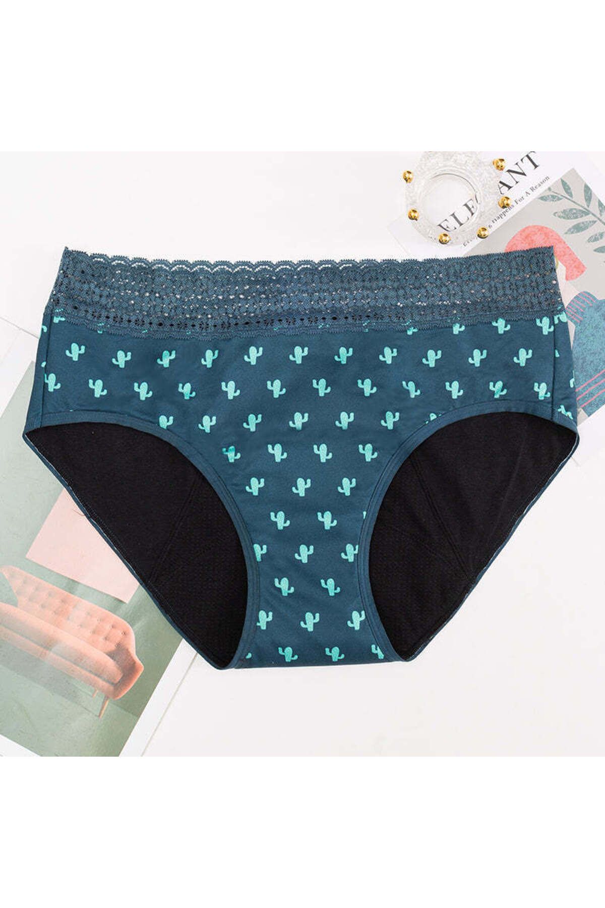 Linovit-Multicolored Menstrual Panties - Cactus Pattern - Green - Cactus Pattern, XXL 3