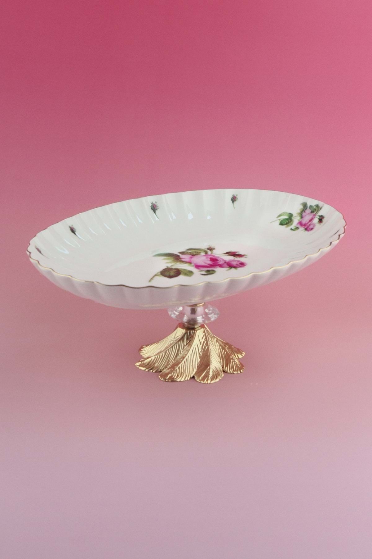 Bursa Porselen Dekor Pink rose gold metal ayaklı oval tabak