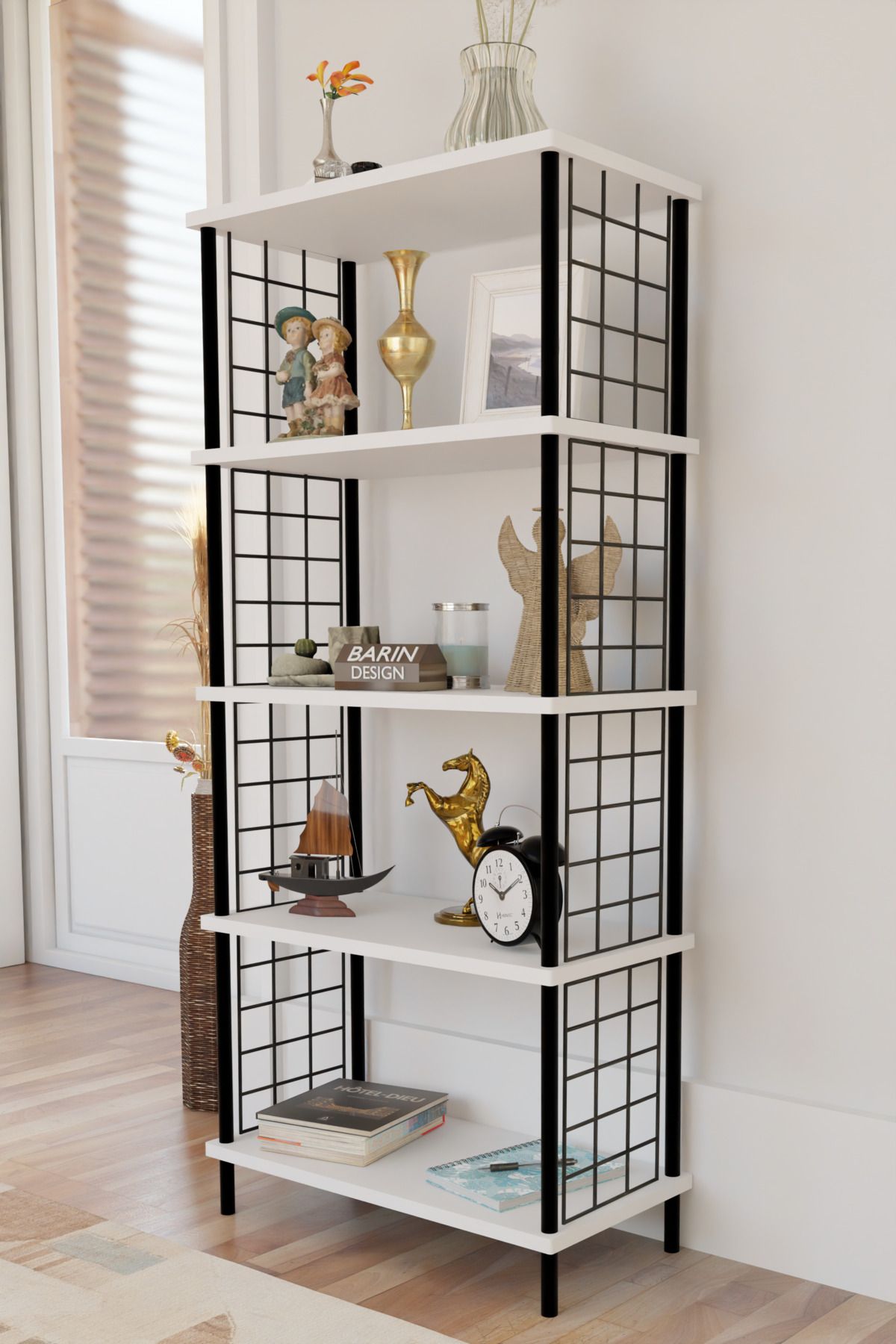 BARIN DESIGN 5 Raflı Telli Metal Kitaplık Salon,Ofis,Çalışma Odası Modern Düzenleyici Çevir Tak Kolay Kurulum Raf