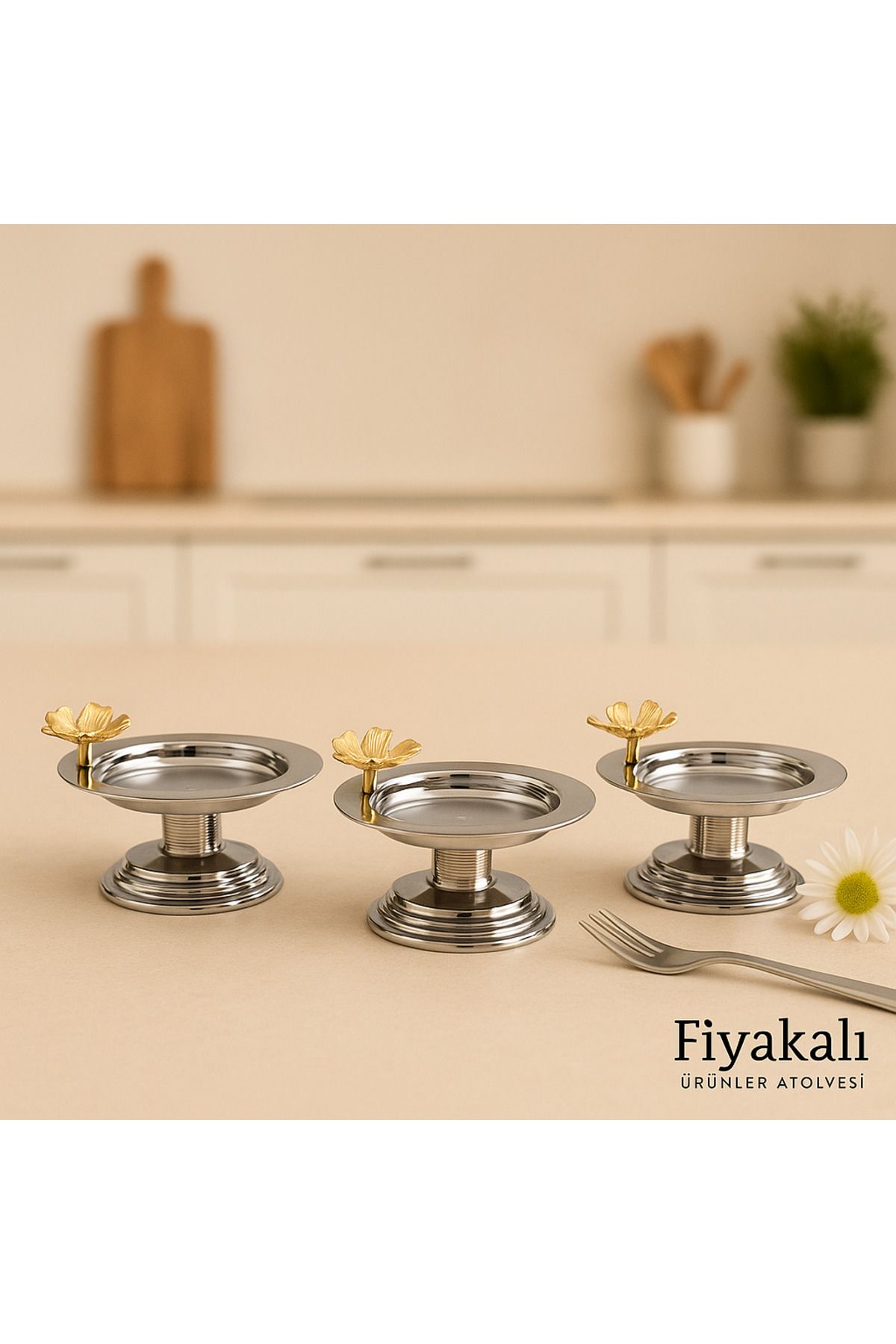 Fiyakalı Ürünler Atölyesi 3'lü Kelebekli GÜMÜŞ Makaronluk, Lokumluk, Çay Ve Kahve Yanı Sunumluk, Metal Şekerlik