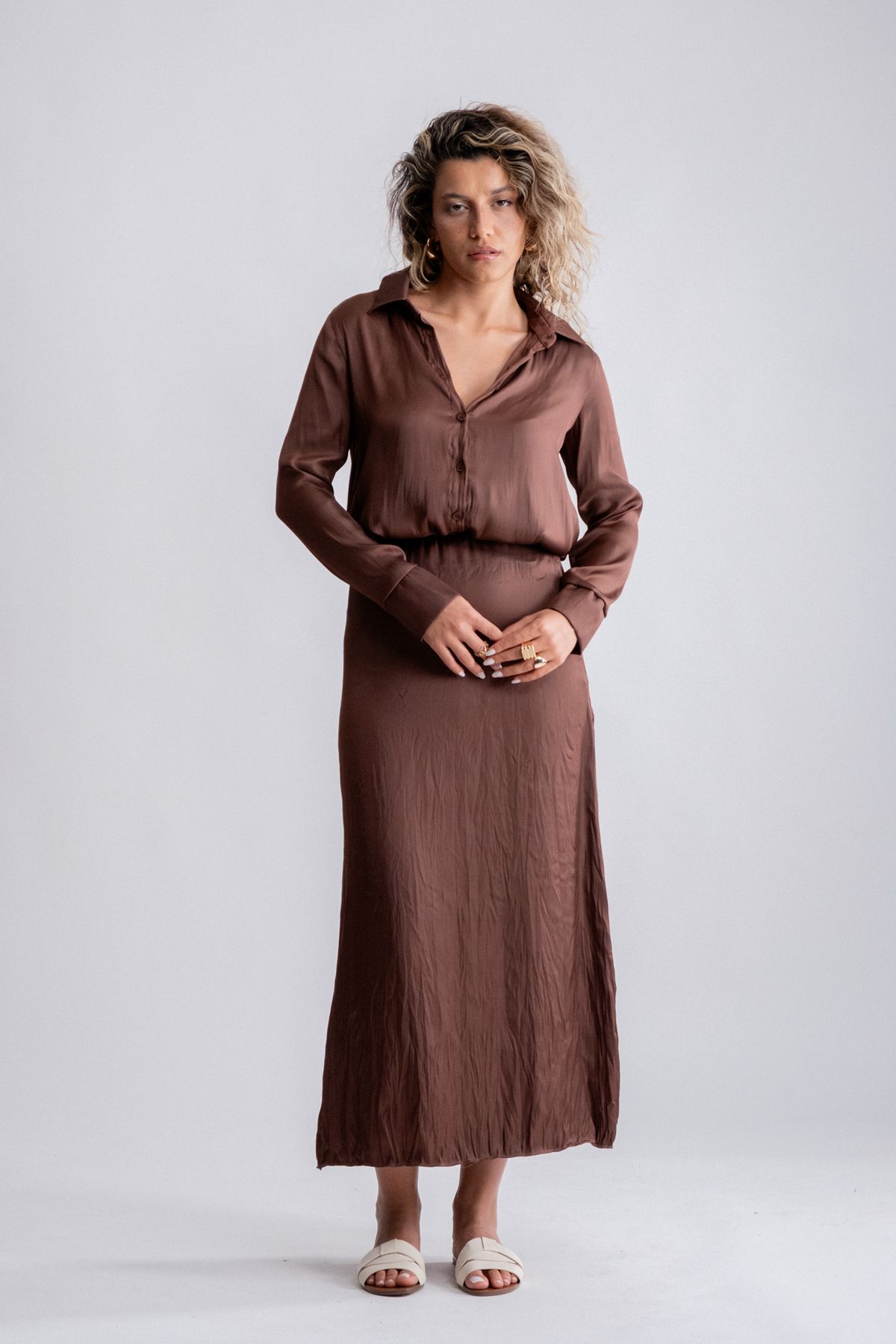 SEPANU COLLECTION Kadın Saten Kırışık Model Gömlek Etek Takım