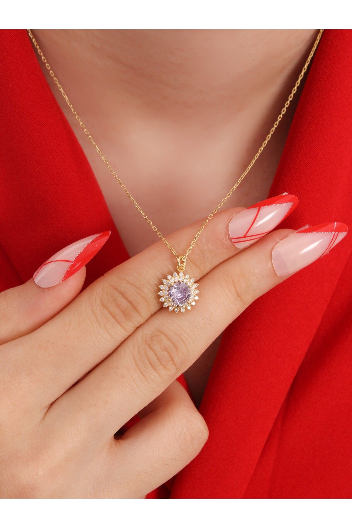 LİNOVE JEWELLERY Alexandrite Güneş Model Kolye, 925 Ayar Gümüş Kolye, Lila Gümüş Kolye, June Taş Kolye