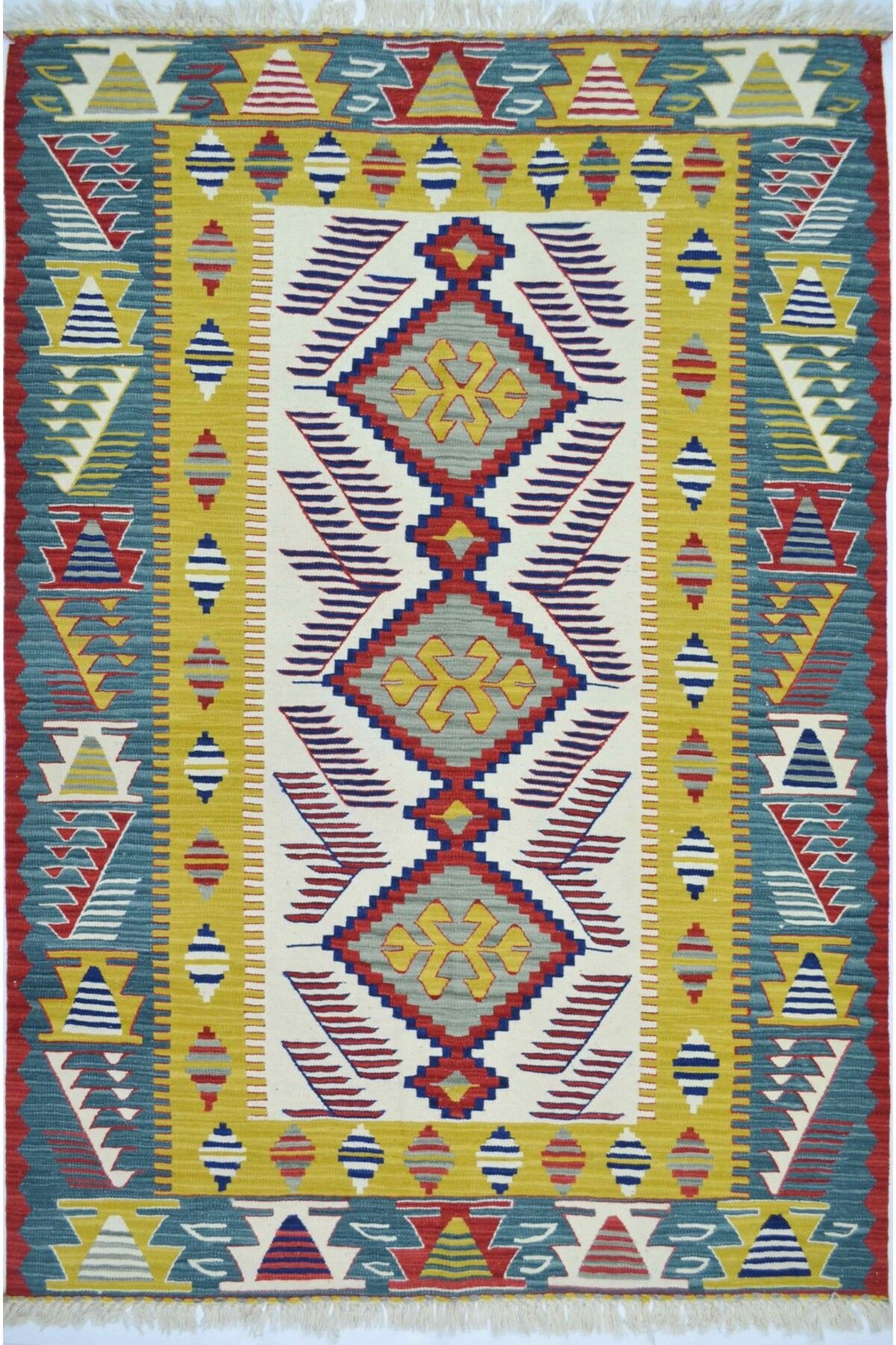 Handmade Uşak Yünden El Dokuma Yeşil, Sarı ve Bordo Renk Kilim 120x180 cm (2,16 m²)