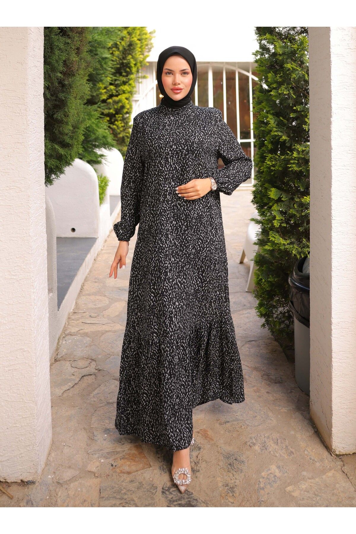 SAHRA BUTİK Tesettür Elbise - Siyah - Gri - SAHRA BUTİK
