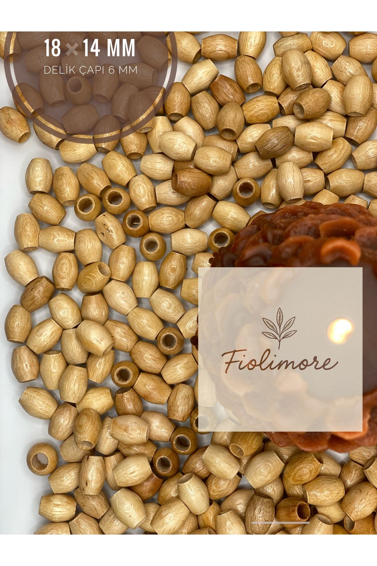 Fiolimore Oval Ahşap Vernikli Boncuk 18x14 mm (50 Gram 40 Adet) Delik Çapı 6 mm Badem Tahta Boncuk
