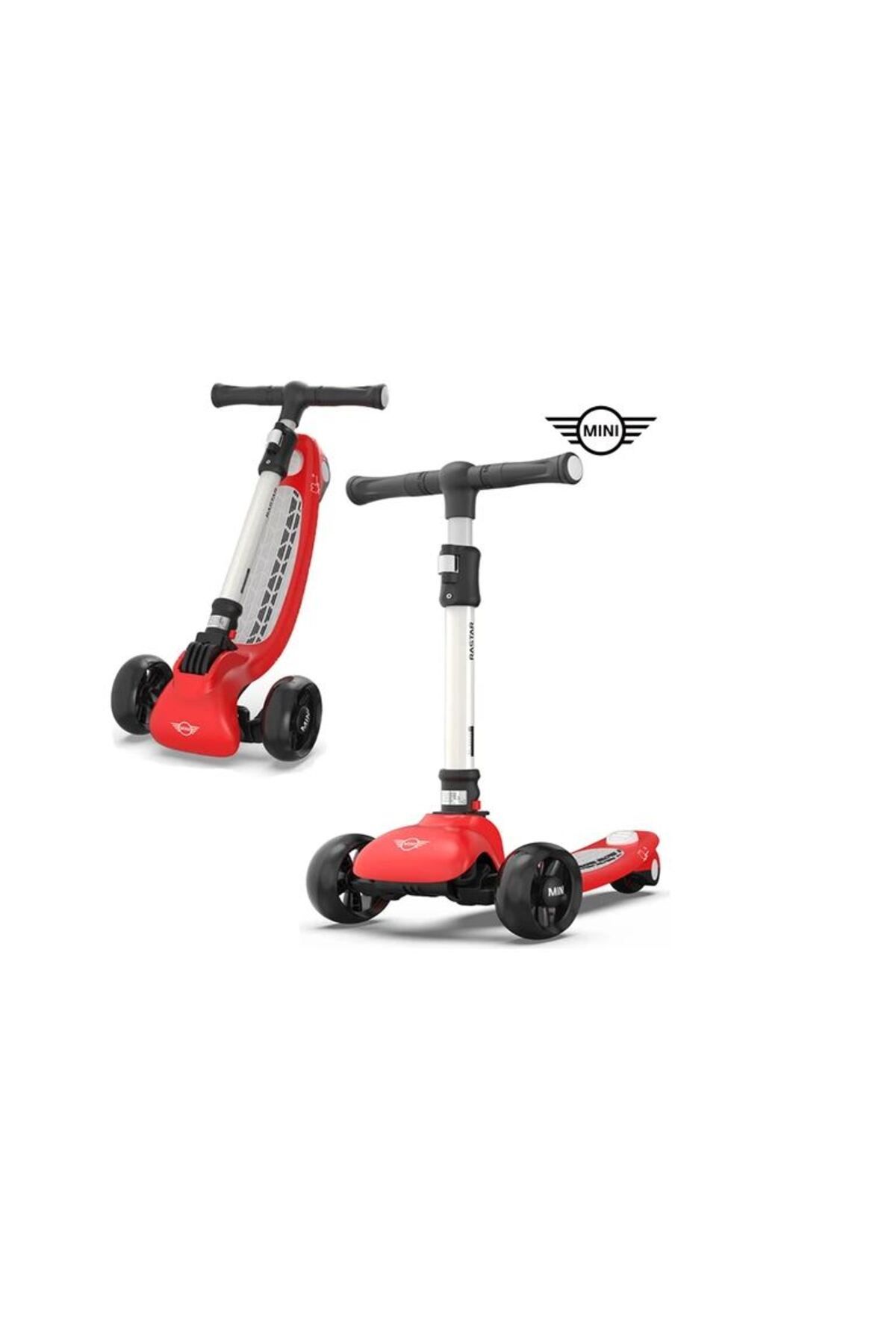 Mini Cooper Lisanslı 3 Tekerlekli Katlanabilir Ayarlanabilir Işıklı 50 kg Taşıma Kapasiteli Scooter Kırmızı