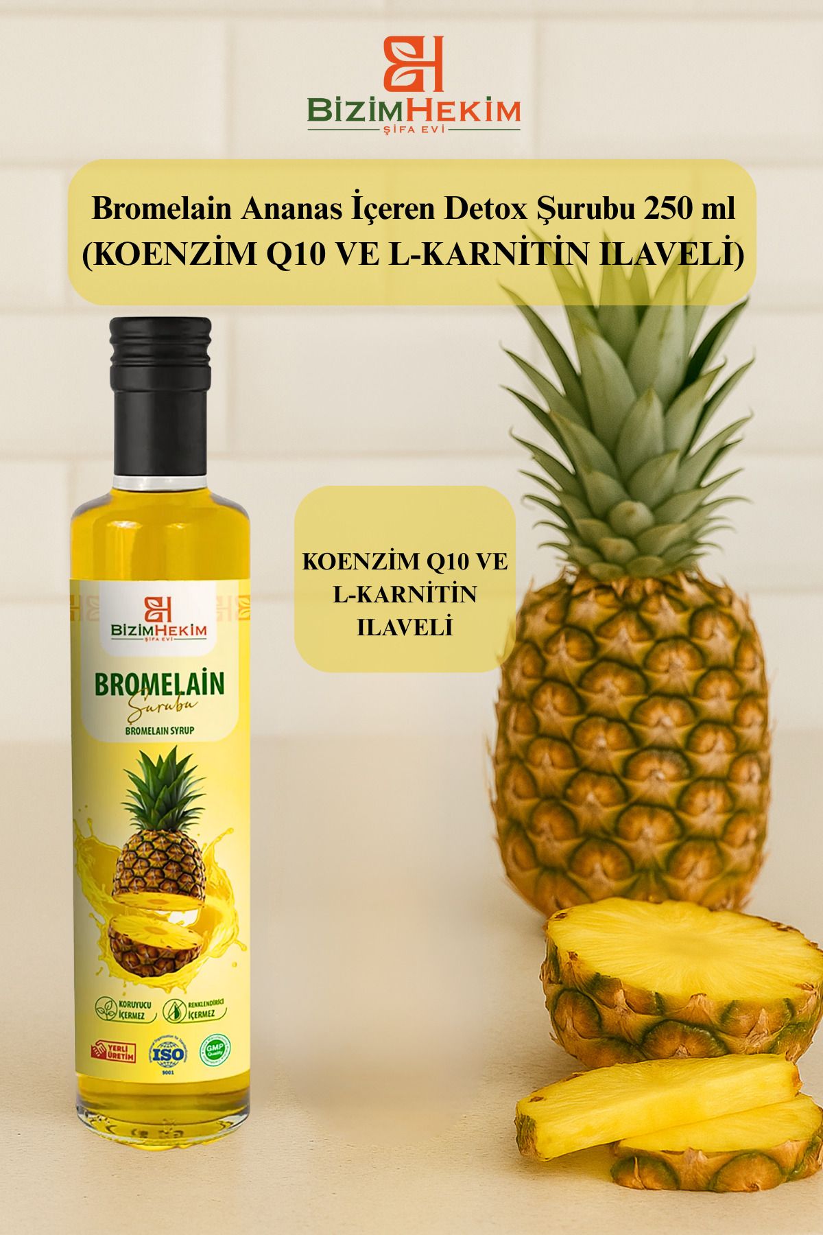 BİZİMHEKİM Bromelain Ananas İçeren Detox Şurubu 250 ml 3 Adet (KOENZİM Q10 VE L-KARNİTİN ILAVELİ)