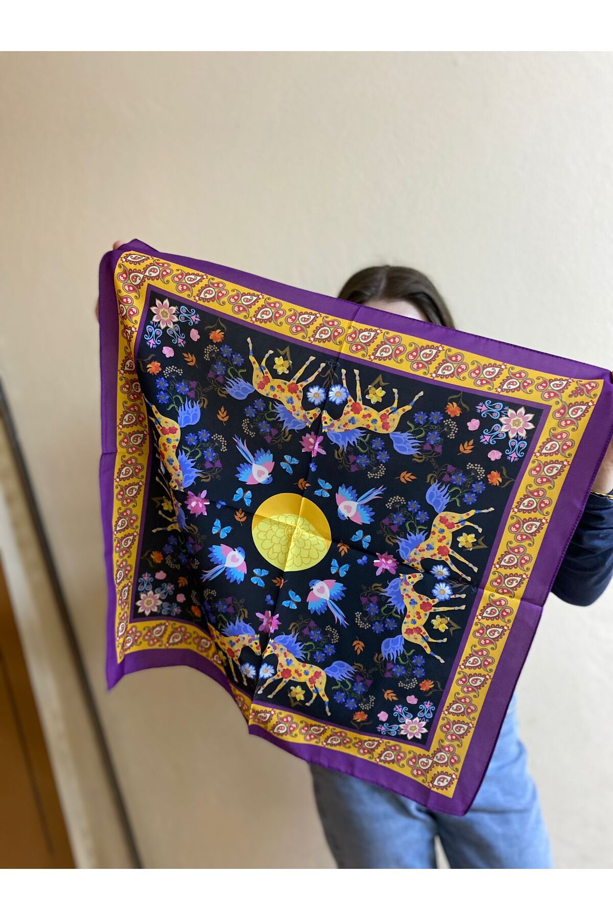 sema aksesuar Renkli At Kuş Çiçek Kelebek Motifli Fular - Bandana - Hediye