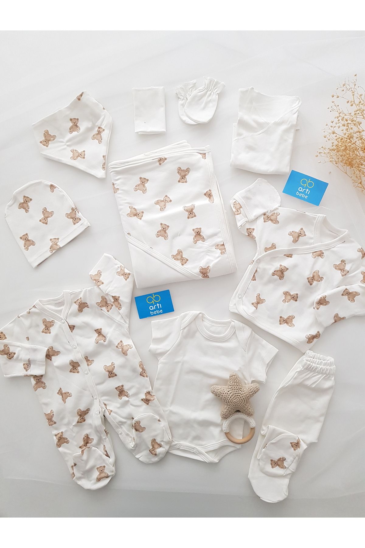 artıbebe Ayıcıklı Yenidoğan 10’lu Hastane Çıkışı Seti | %100 Pamuk Zıbın Takımı | Unisex Bebek Kıyafet Seti