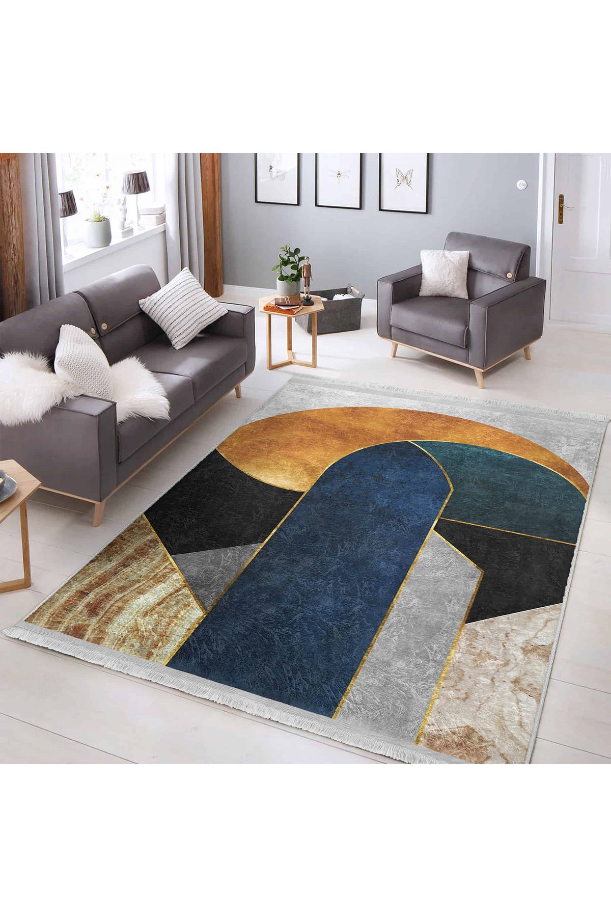 Realhomes Mavi ve Altın Tonlarda Geometrik Desenli Yıkanabilir Kaymaz Tabanlı Dikdörtgen Halı