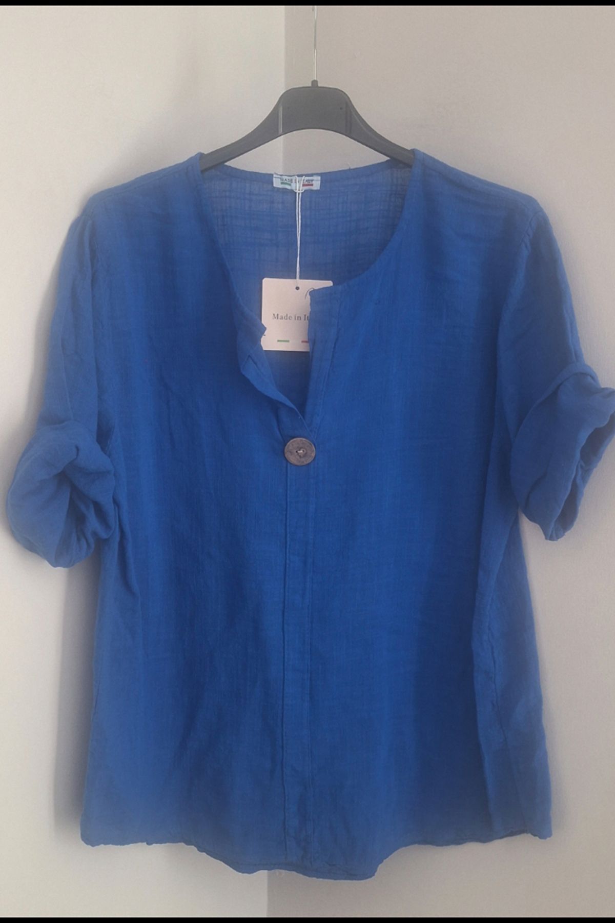 AYASOFYA OTANTIK Kadın Italyan Saks Mavi Düğme Detaylı 3/4 Kollu Oversize Salaş %100 Pamuk Bluz Tunik