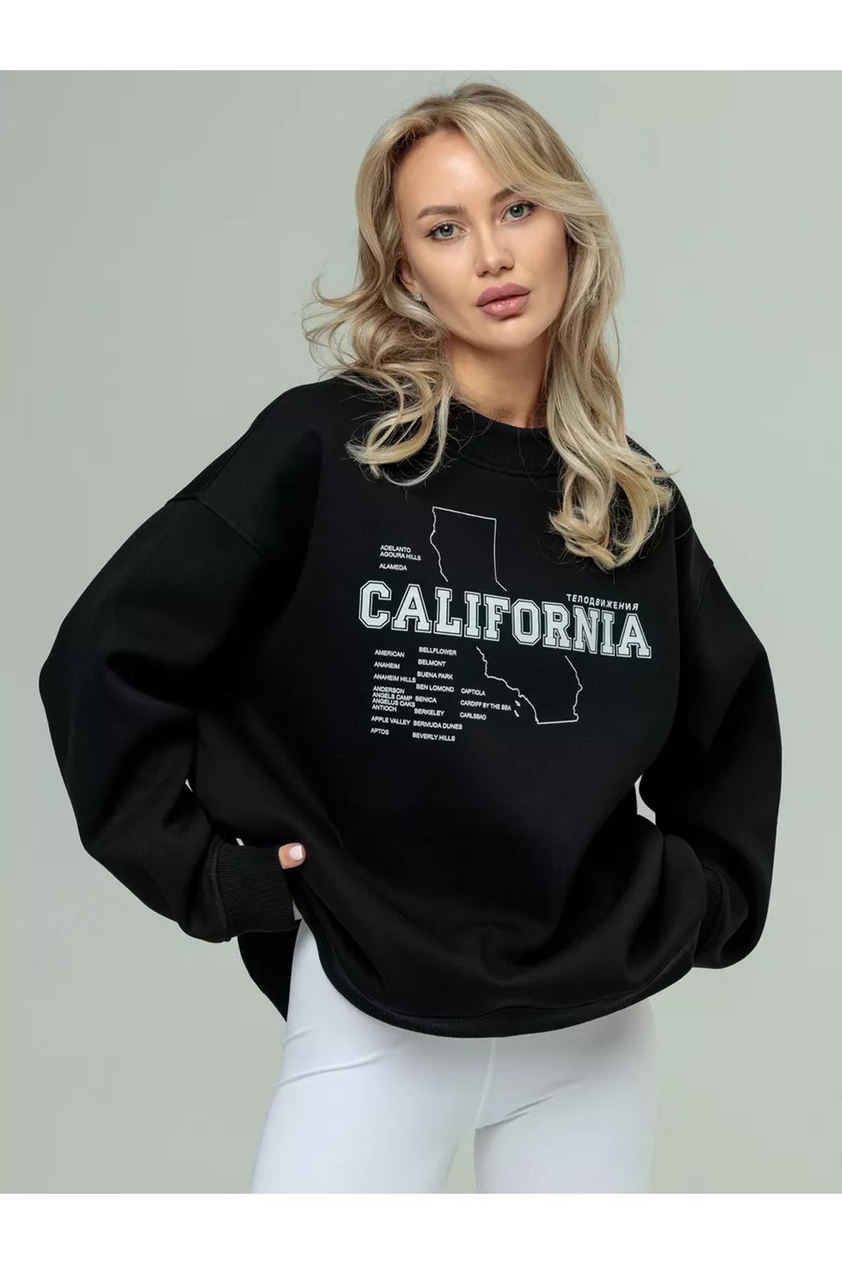 Boi Unisex California Bisiklet Yaka Sweatshirt Siyah
