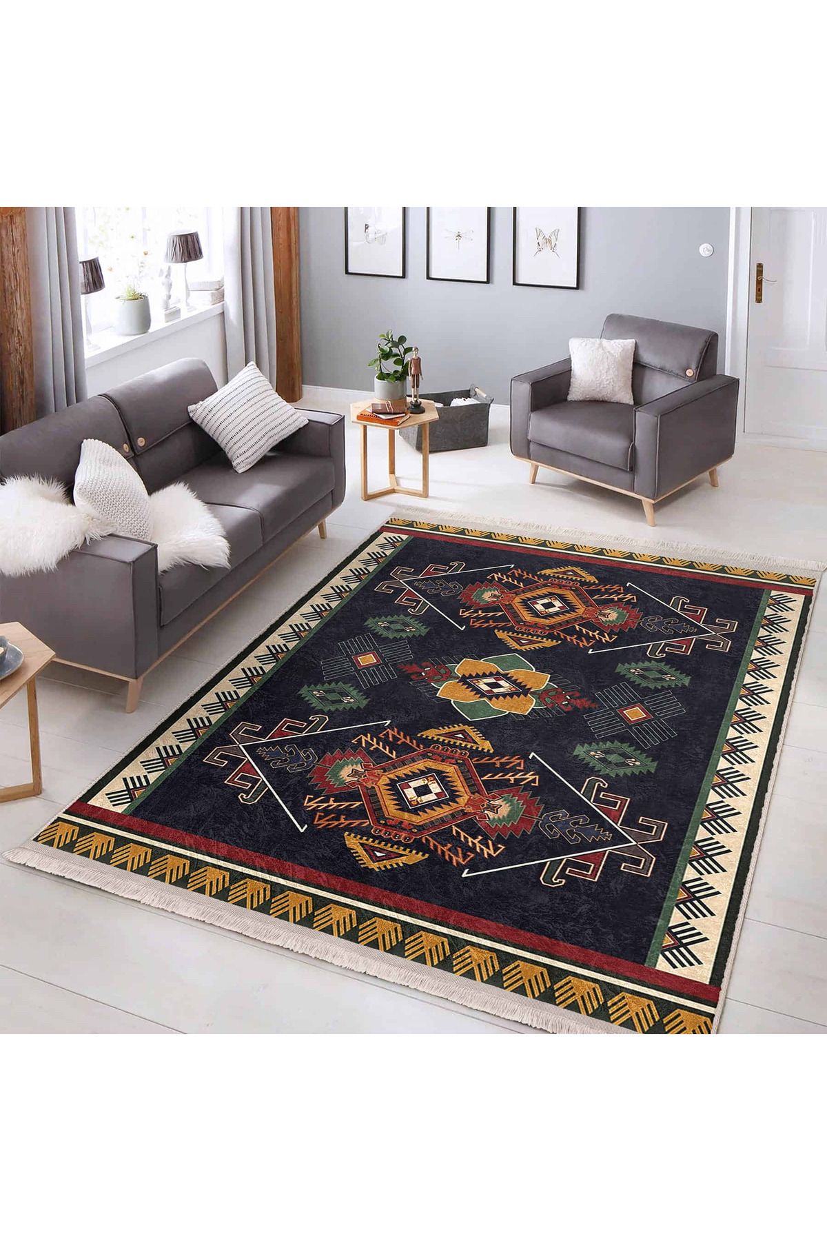 Realhomes Geometrik Motifli Mavi Arka Planda Etnik Desenli Yıkanabilir Kaymaz Taban Salon Halısı