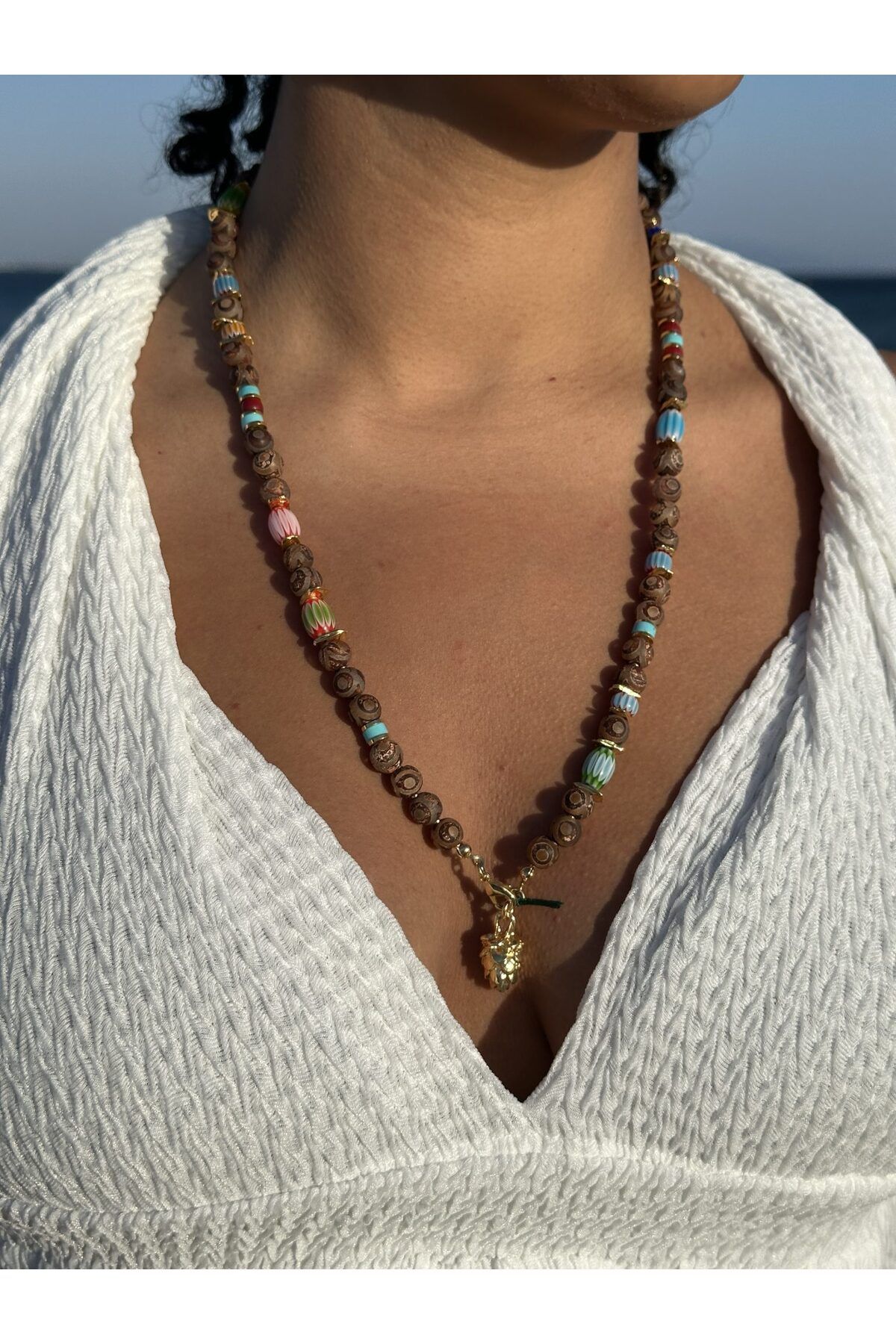 B Design jewelry Kozalak Tibet Akiği Mercan ve Turkuaz Taşı Renkli Kolye