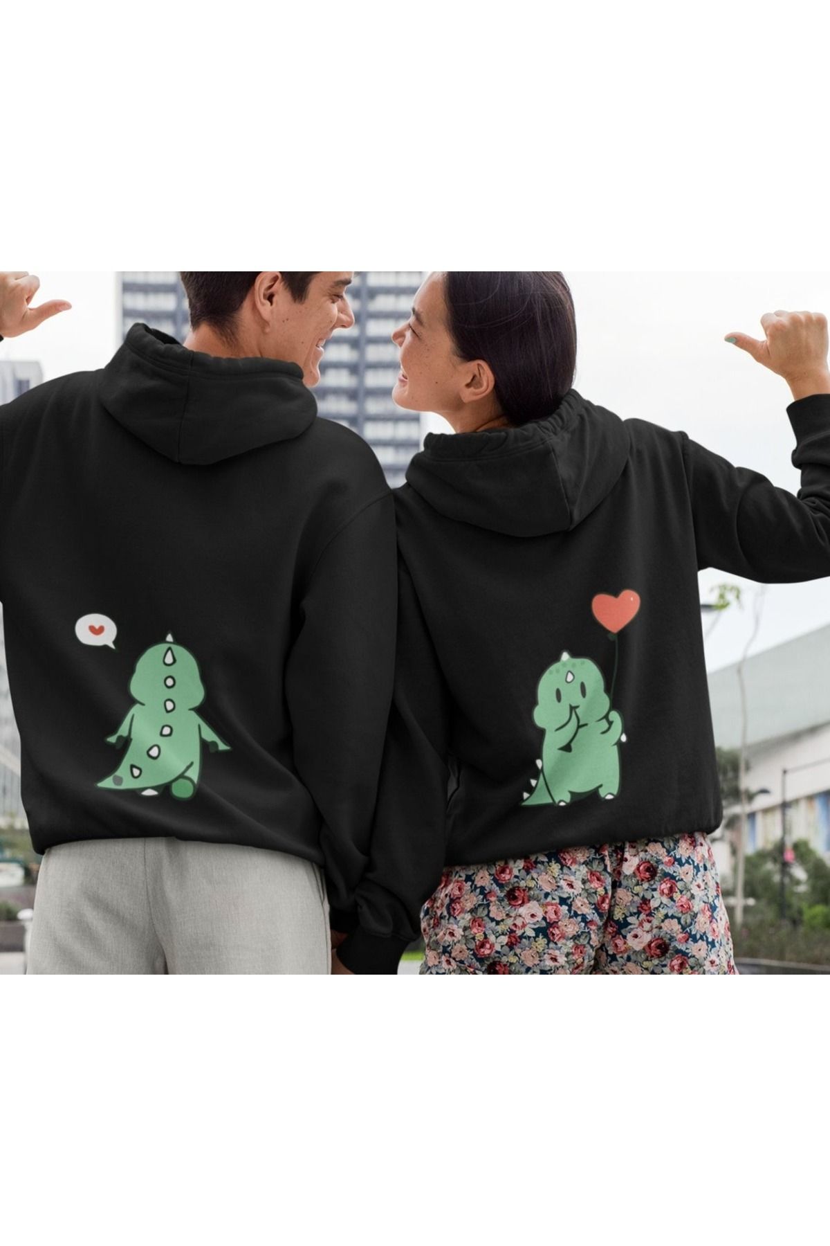 Boi Sevimli Dinazorlar Sevgili Çift Kombin - Siyah Baskılı Oversize Kapüşonlu Sweatshirt