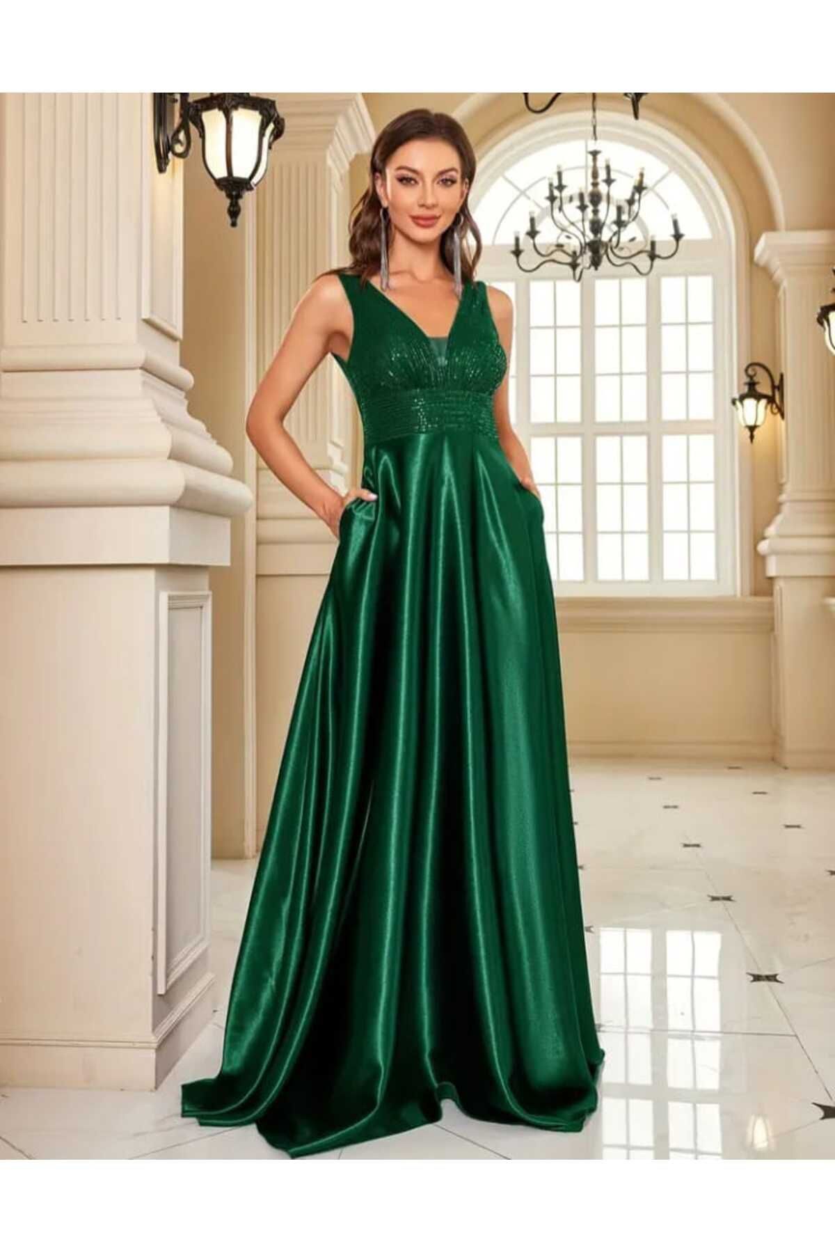 MODAS KALIN ASKILI PUL SATEN UZUN ABİYE ELBİSE