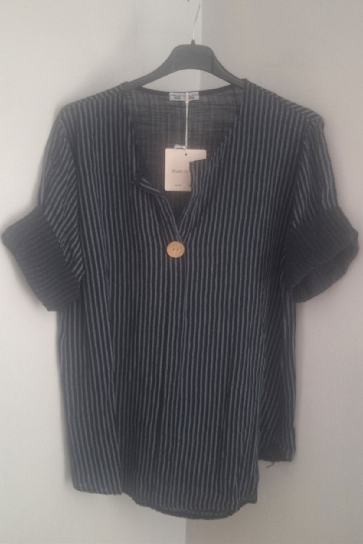 AYASOFYA OTANTIK Kadın Italyan Siyah Çizgili 3/4 Kollu Oversize Salaş %100 Pamuk Bluz Tunik