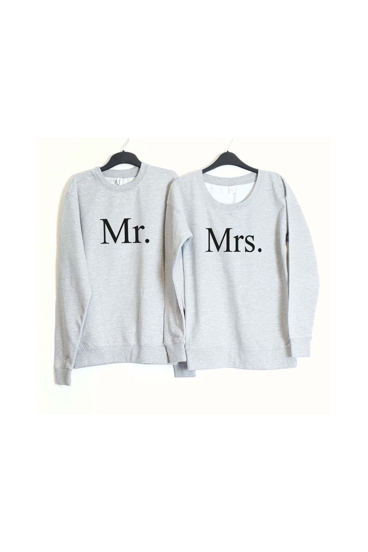 Boi Mr. Mrs. Sevgili Çift Kombin - Gri Baskılı Oversize Bisiklet Yaka Sweatshirt